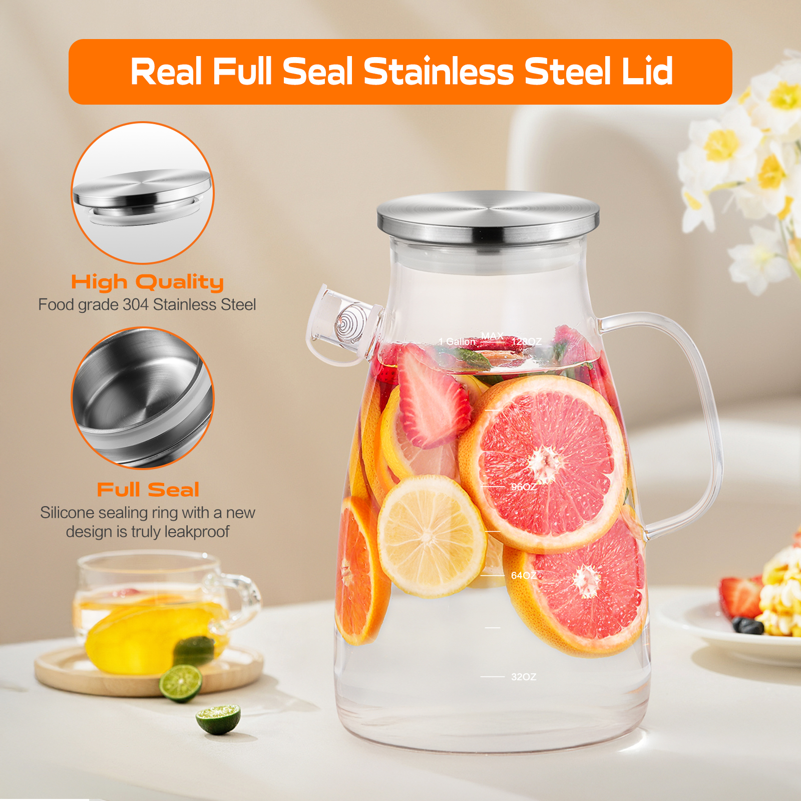 1 Gallon 128oz Glass Pitcher, Water Pitcher with Full Seal Lid and Spout, Glass Carafe for Hot/Cold Water, Large Jug for Juice and Homemade Beverage