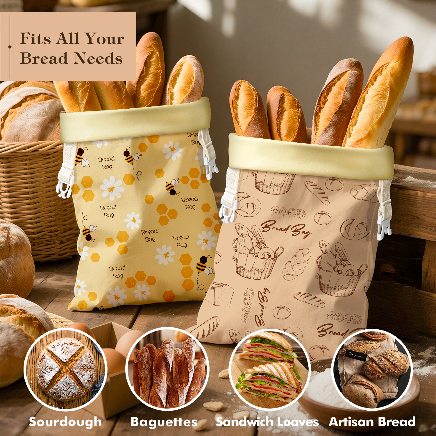 2 Pack Beeswax Bread Bags for Sourdough Homemade Bread, Reusable & Large Capacity Portable Bread Storage Bag for Gift Giving