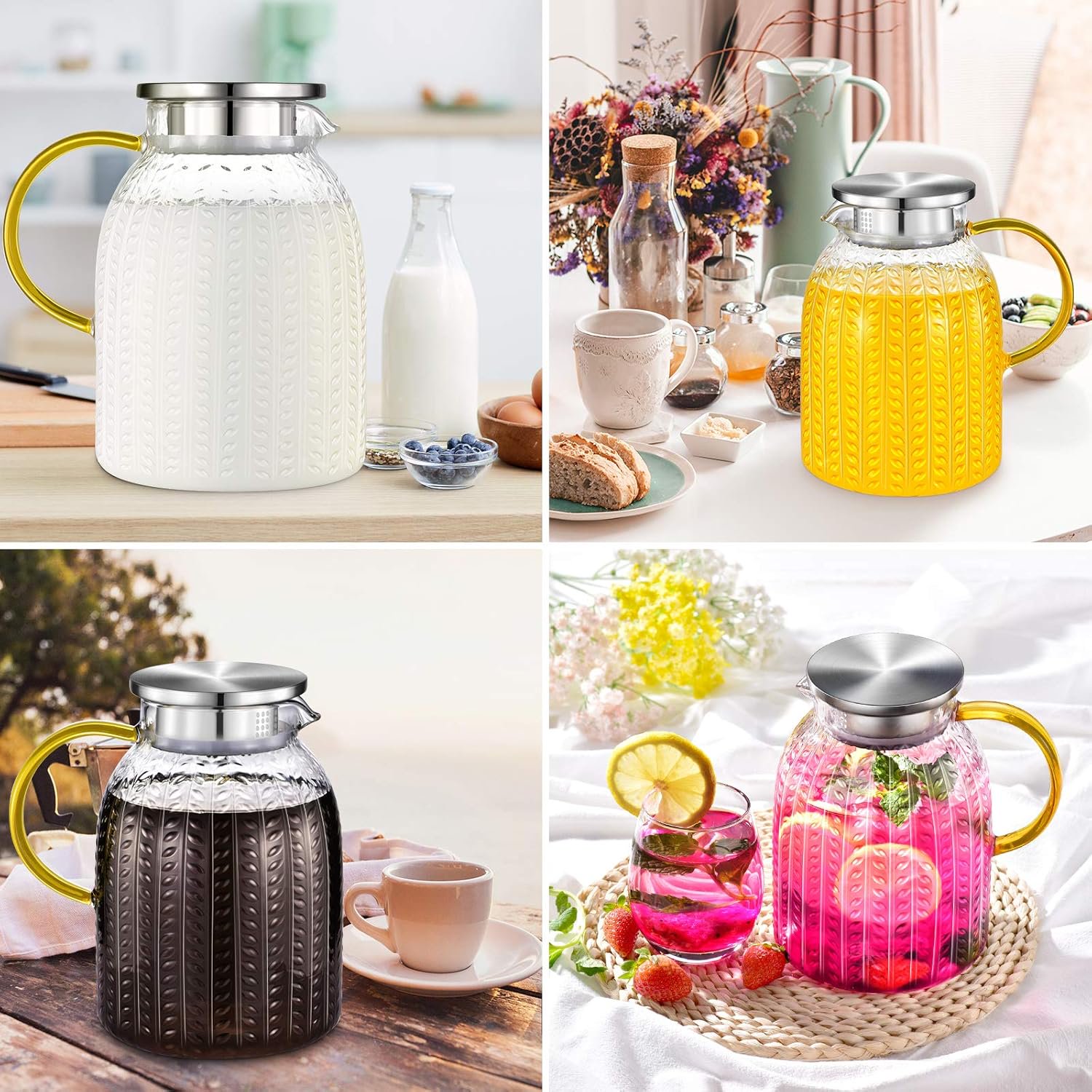 Aofmee Pitcher, 60oz Glass Pitcher, Water Pitcher with Lid, Iced Tea Pitcher for Fridge, Glass Carafe for Cold or Hot Beverages