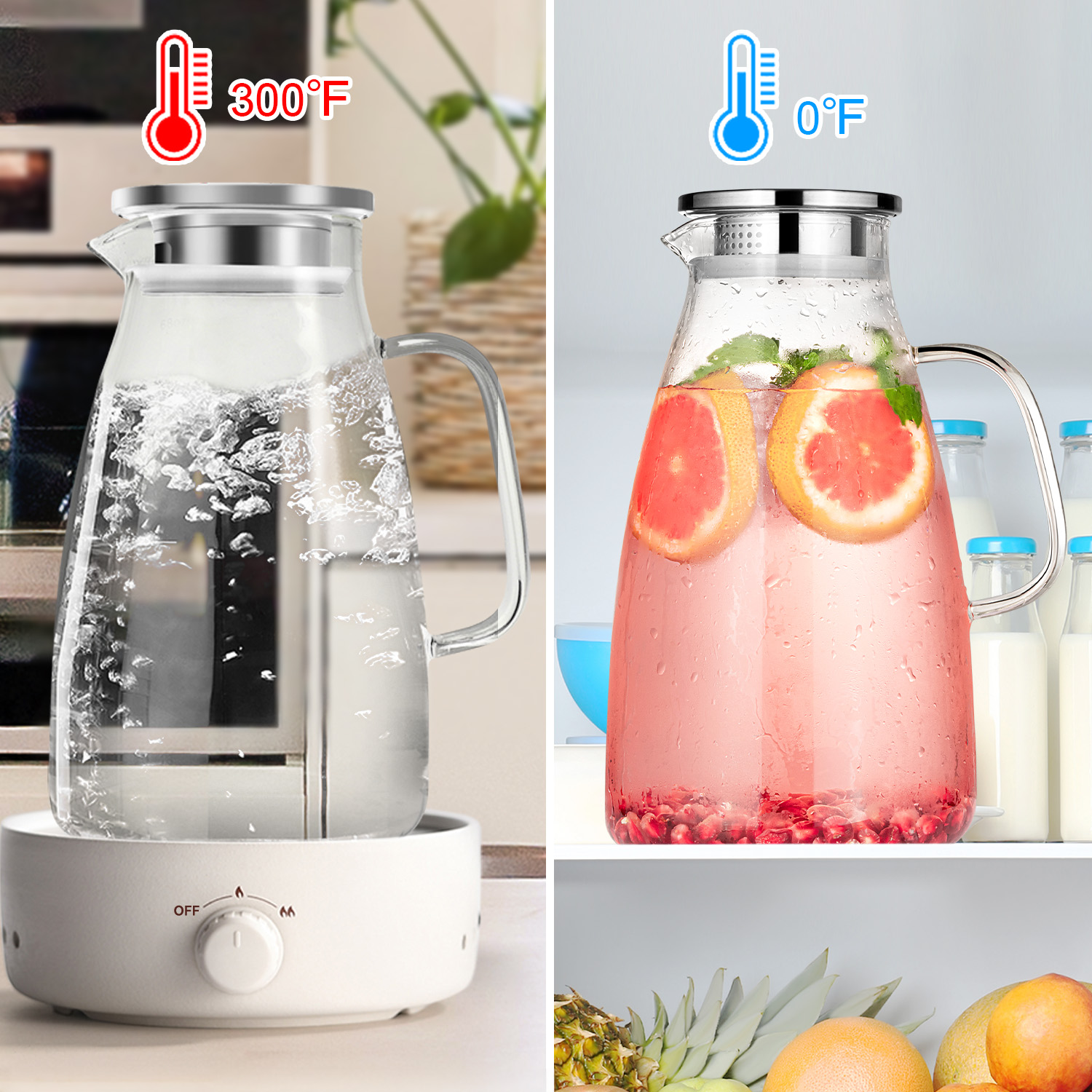 Aofmee Glass Pitcher, 100oz Glass Pitcher with Lid and Spout, Large Glass Water Pitcher for Juice, Lemonade and Hot&Cold Beverage, Heat Resistant Glass Carafe with Brush