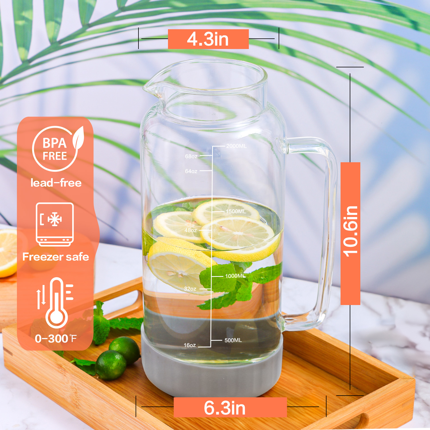 Aofmee Glass Pitchers with Lids, 68oz Glass Fridge Water Pitcher for Drinks, Glass Water Jug with coasters & Brush, Beverage Serveware & Storage Container for Lemonade, Iced Tea, Milk, Coffee