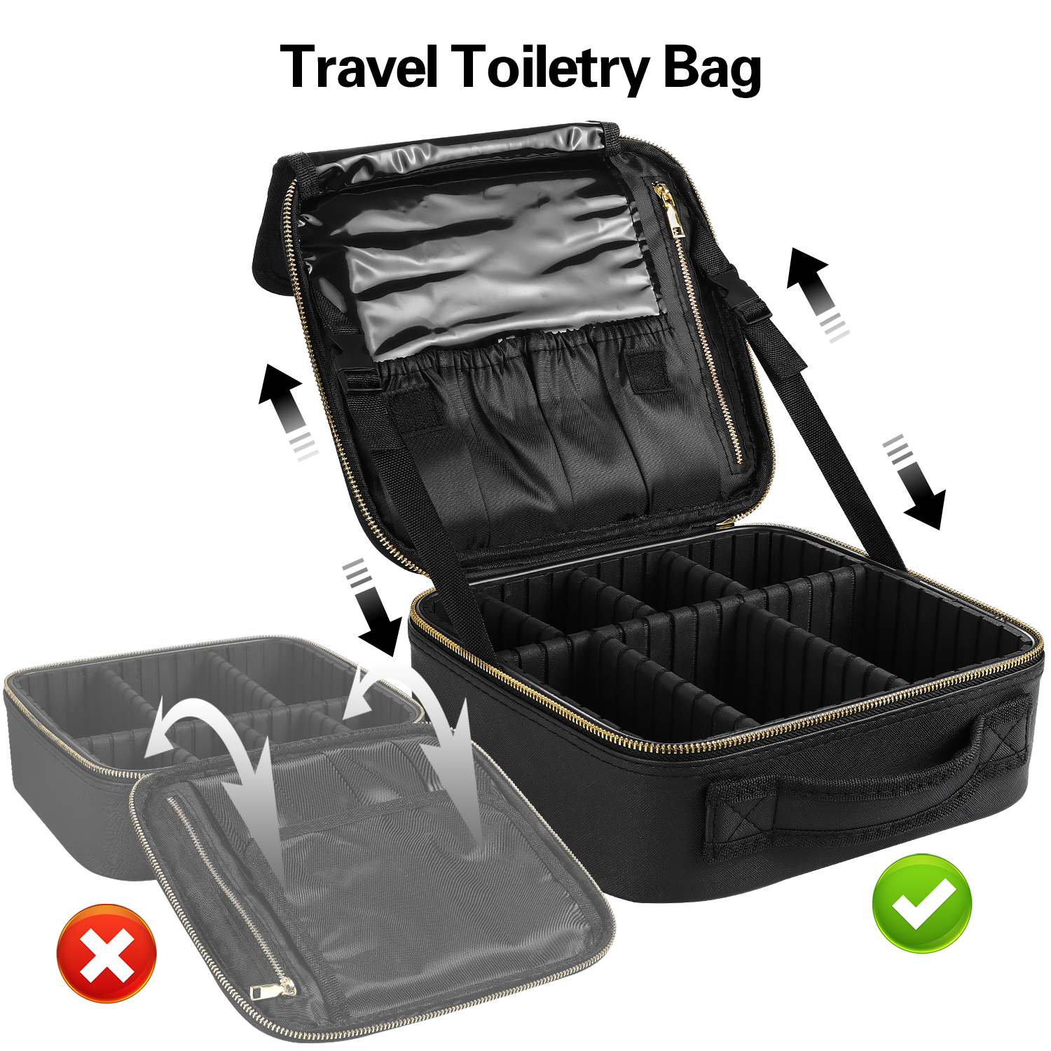 Aofmee Makeup Bag for Women, Travel Bag Organizer Cosmetic Case with Adjustable Dividers Waterproof Shockproof Handbag, Black