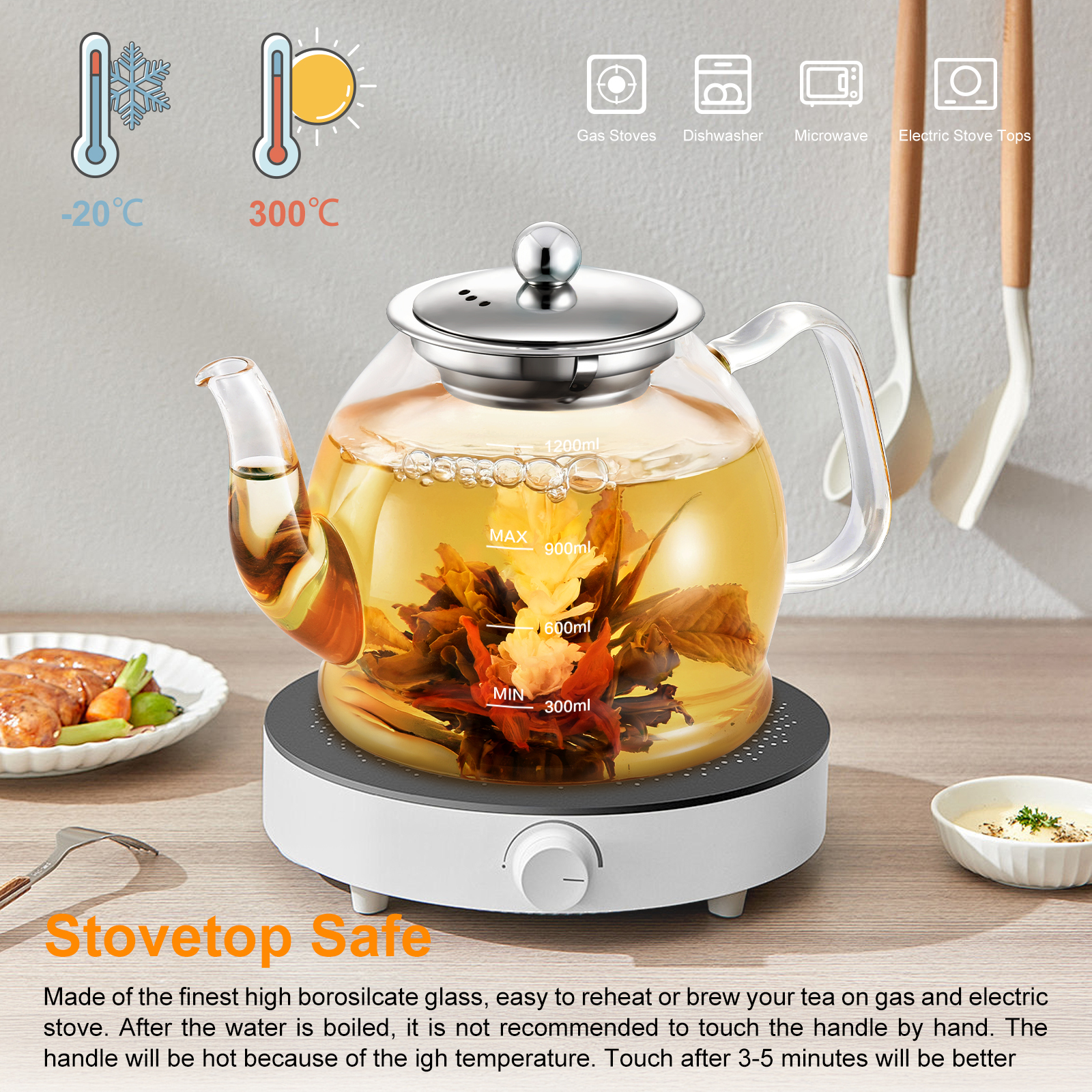 40oz/1200ml Glass Teapot, with Removable Stainless Steel Filter, Blooming Loose Leaf Tea Kettle