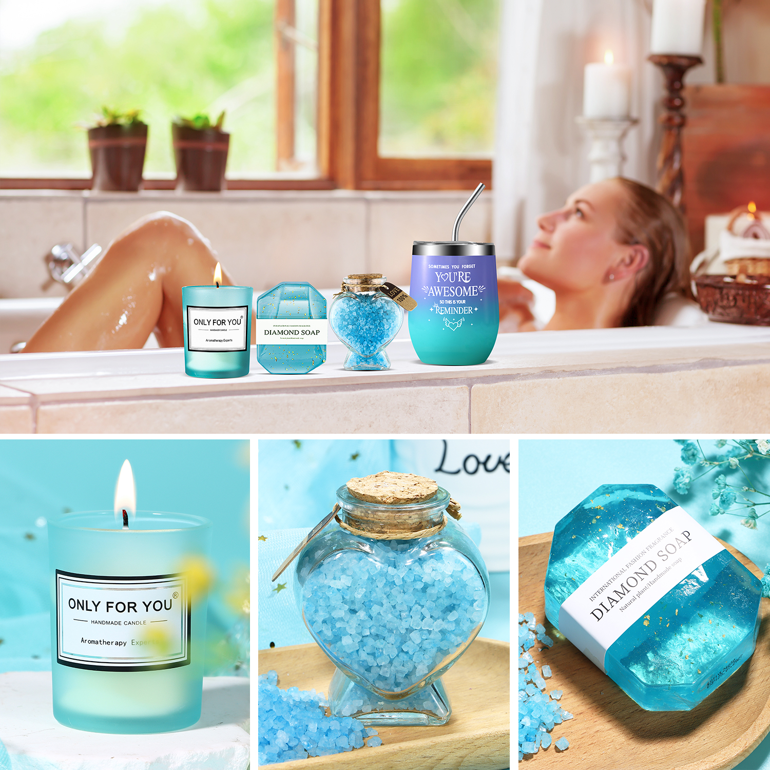 Aofmee Gift Baskets for Women, 10 Pcs Ocean Relaxing Spa Bath Gifts Sets with Flannel Blanket, Beauty Holiday Birthday Gifts Idea for Her, Blue