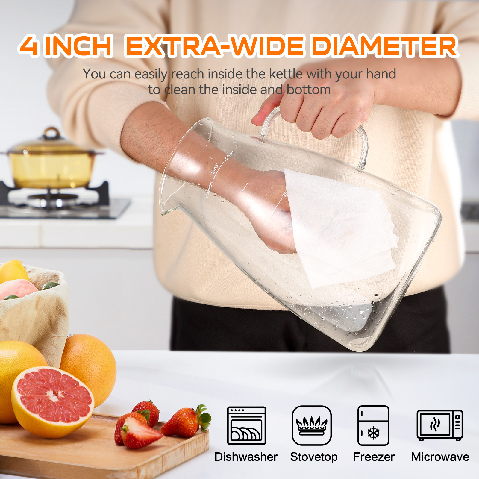 1 Gallon Glass Pitcher, 128oz Water Pitcher with Lid and Spout Extra Wide Mouth, Glass Carafe for Iced Tea Pitcher Coffee, Juice and Homemade Beverage