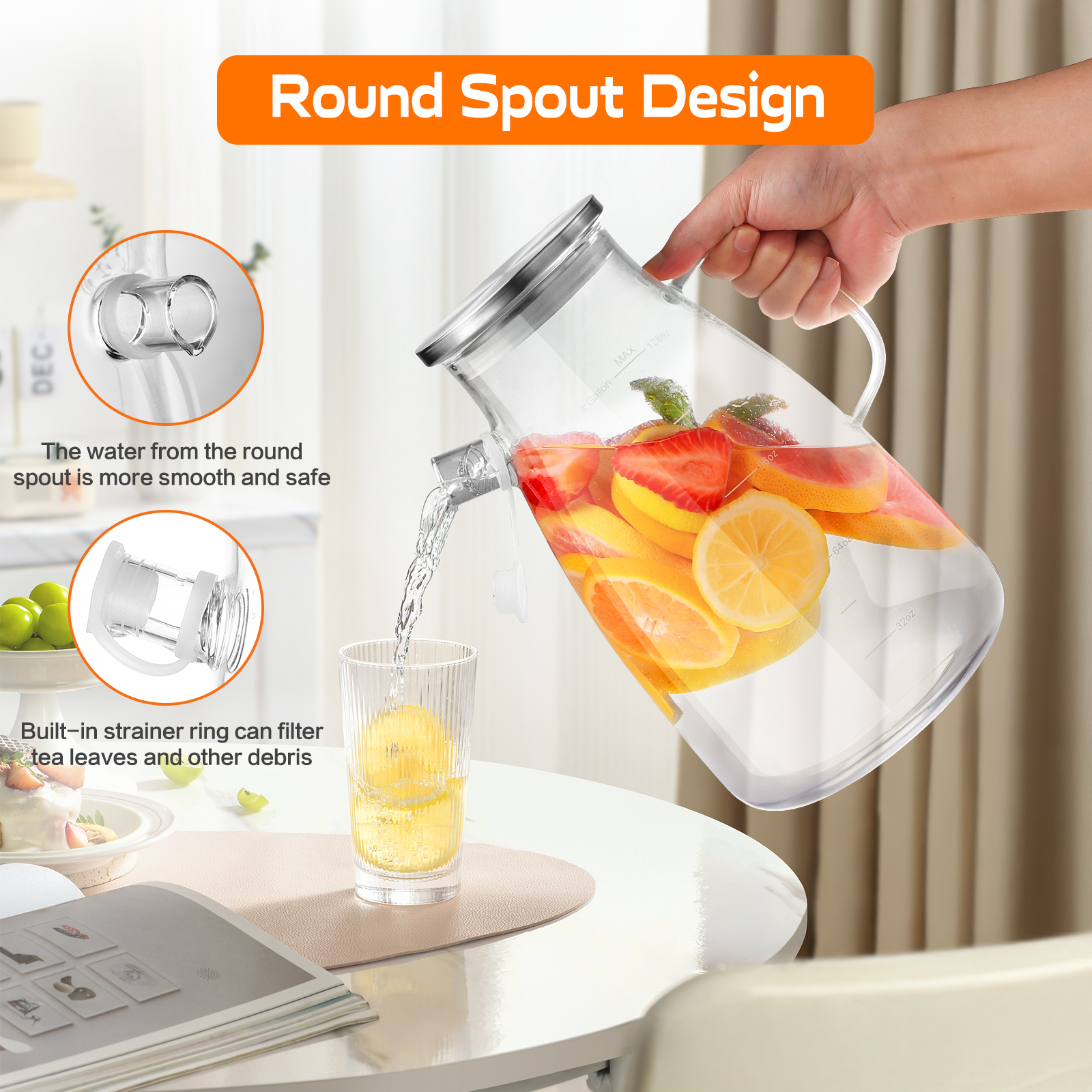 1 Gallon 128oz Glass Pitcher, Water Pitcher with Full Seal Lid and Spout, Glass Carafe for Hot/Cold Water, Large Jug for Juice and Homemade Beverage