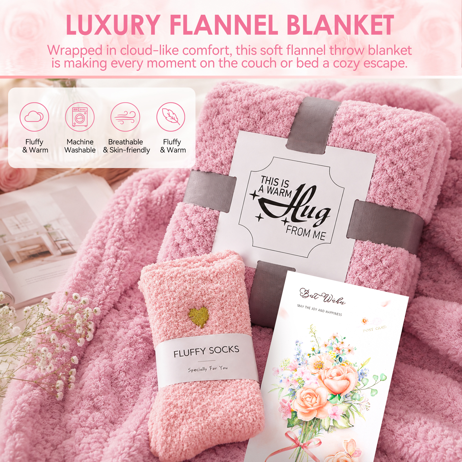 Aofmee 15Pcs Birthday Gifts for Women, Relaxing Spa Baskets with Luxury Flannel Blanket and 40 oz Tumbler - Christmas, Valentine's Day, Women's Gift for Her, Pink