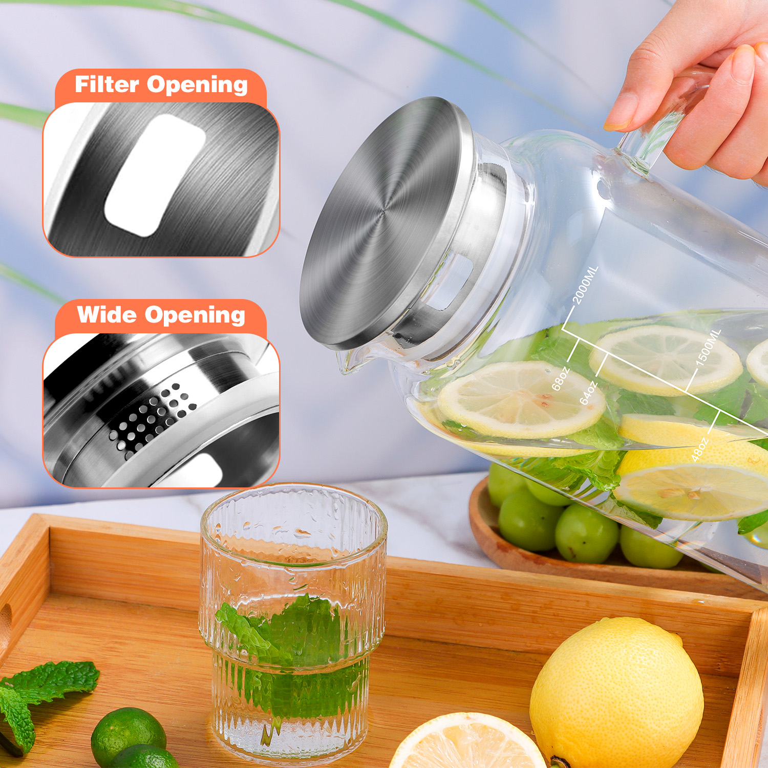 Aofmee Glass Pitchers with Lids, 68oz Glass Fridge Water Pitcher for Drinks, Glass Water Jug with coasters & Brush, Beverage Serveware & Storage Container for Lemonade, Iced Tea, Milk, Coffee