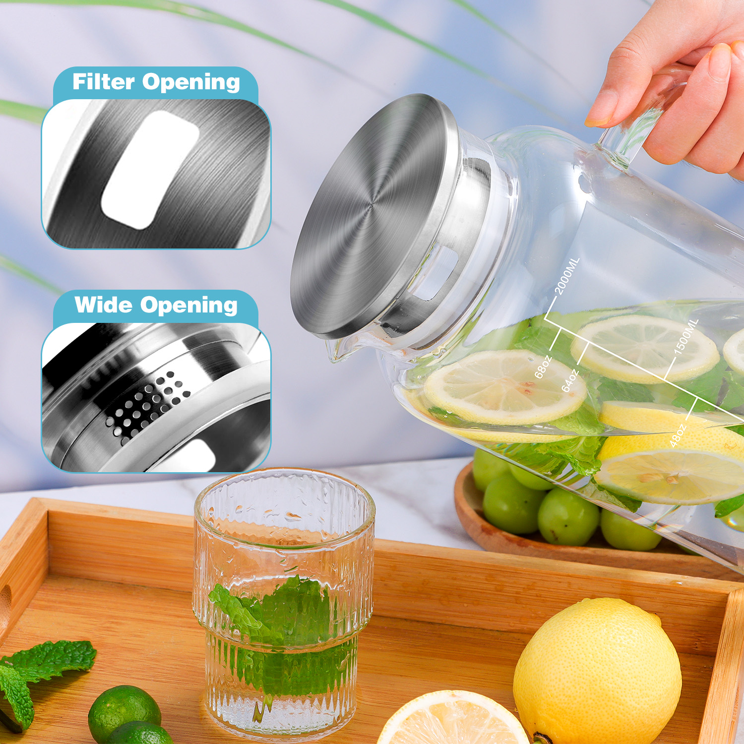 Glass Pitcher with Lid 68oz Water Pitcher with Silicone Base and Precise Scale Line Blue