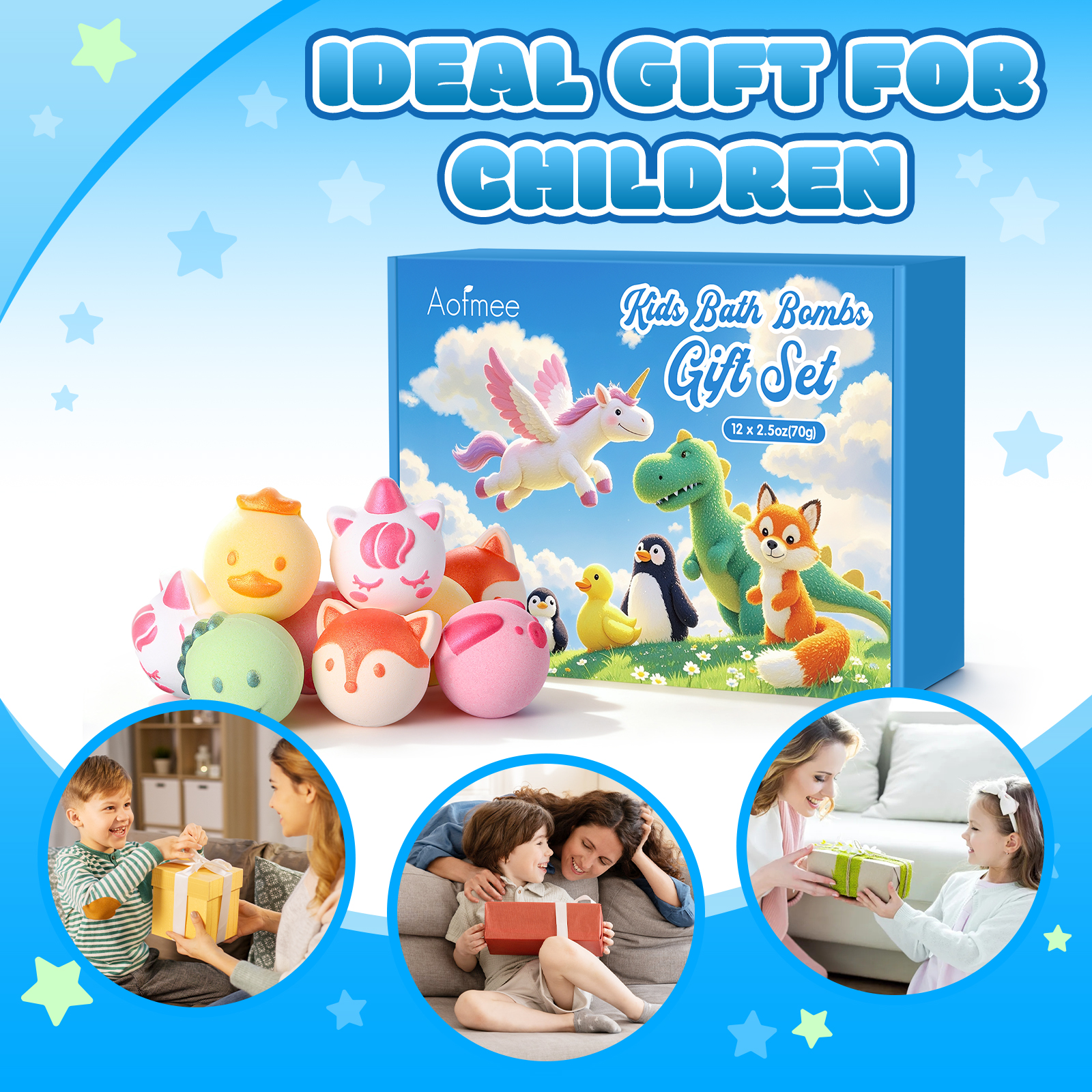 Bath Bombs for Kids, 12 Pcs Handmade Safe Bath Bombs with Essential Oil, Animal Shapes Bubble Bath, Fun Spa Bath Gift Set for Boys and Girls