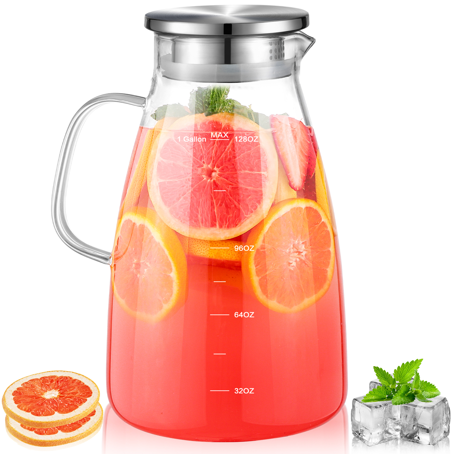 1 Gallon Glass Pitcher, 128oz Water Pitcher with Lid and Spout Extra Wide Mouth, Glass Carafe for Iced Tea Pitcher Coffee, Juice and Homemade Beverage