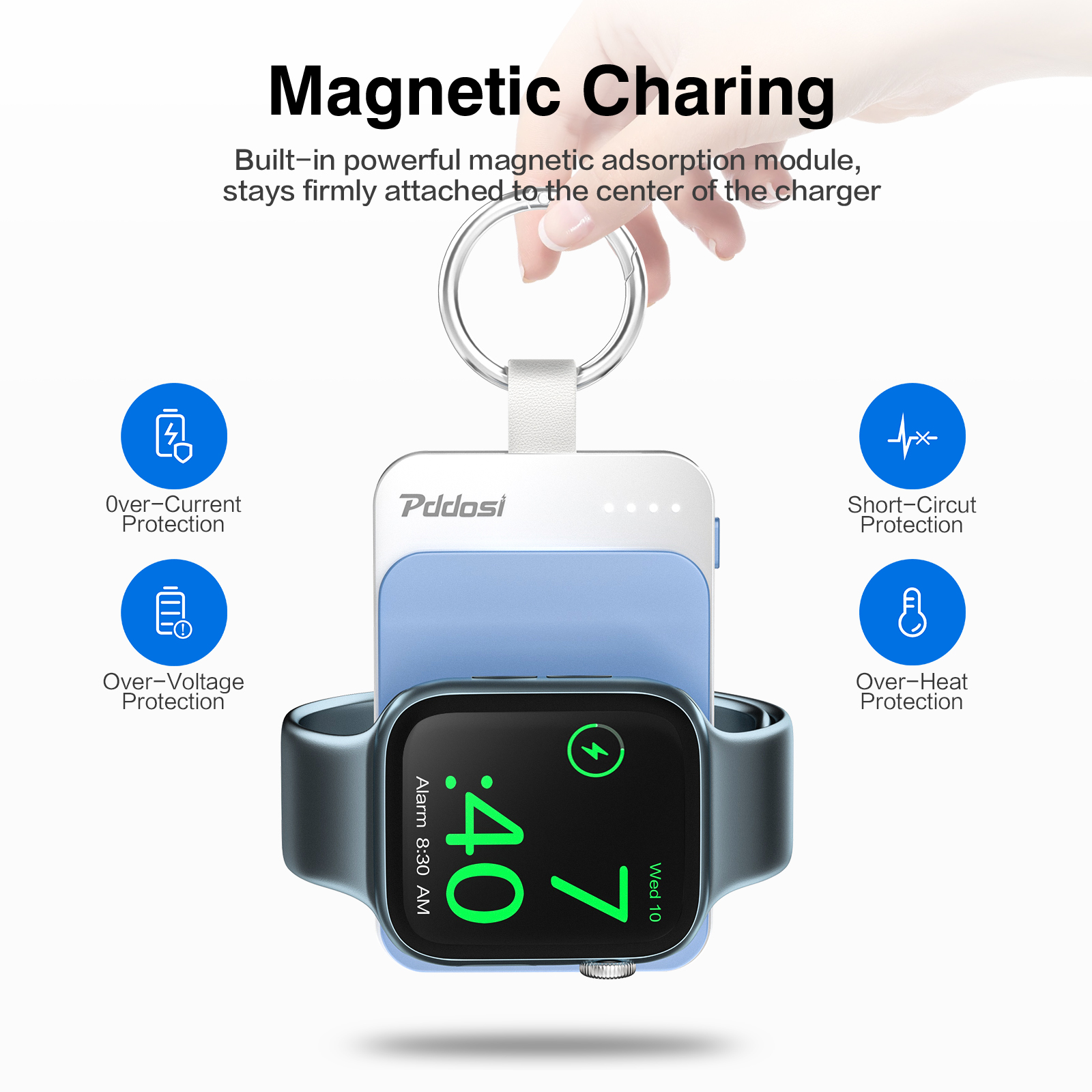 Portable 1500mAh Wireless Charger Compatible for Apple Watch Series 8/7/6/5/4/3/2/1/SE/Ultra, Compact Magnetic iWatch Charger Keychain Style Travel Essentials -Blue