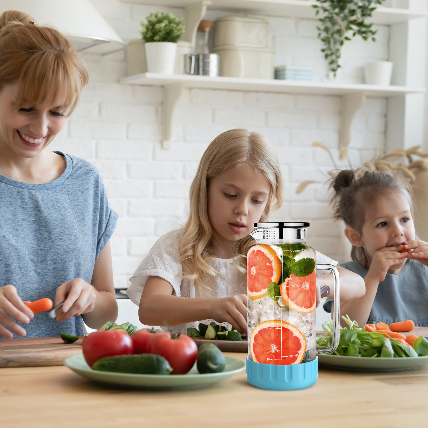 Glass Pitcher with Lid 68oz Water Pitcher with Silicone Base and Precise Scale Line Blue