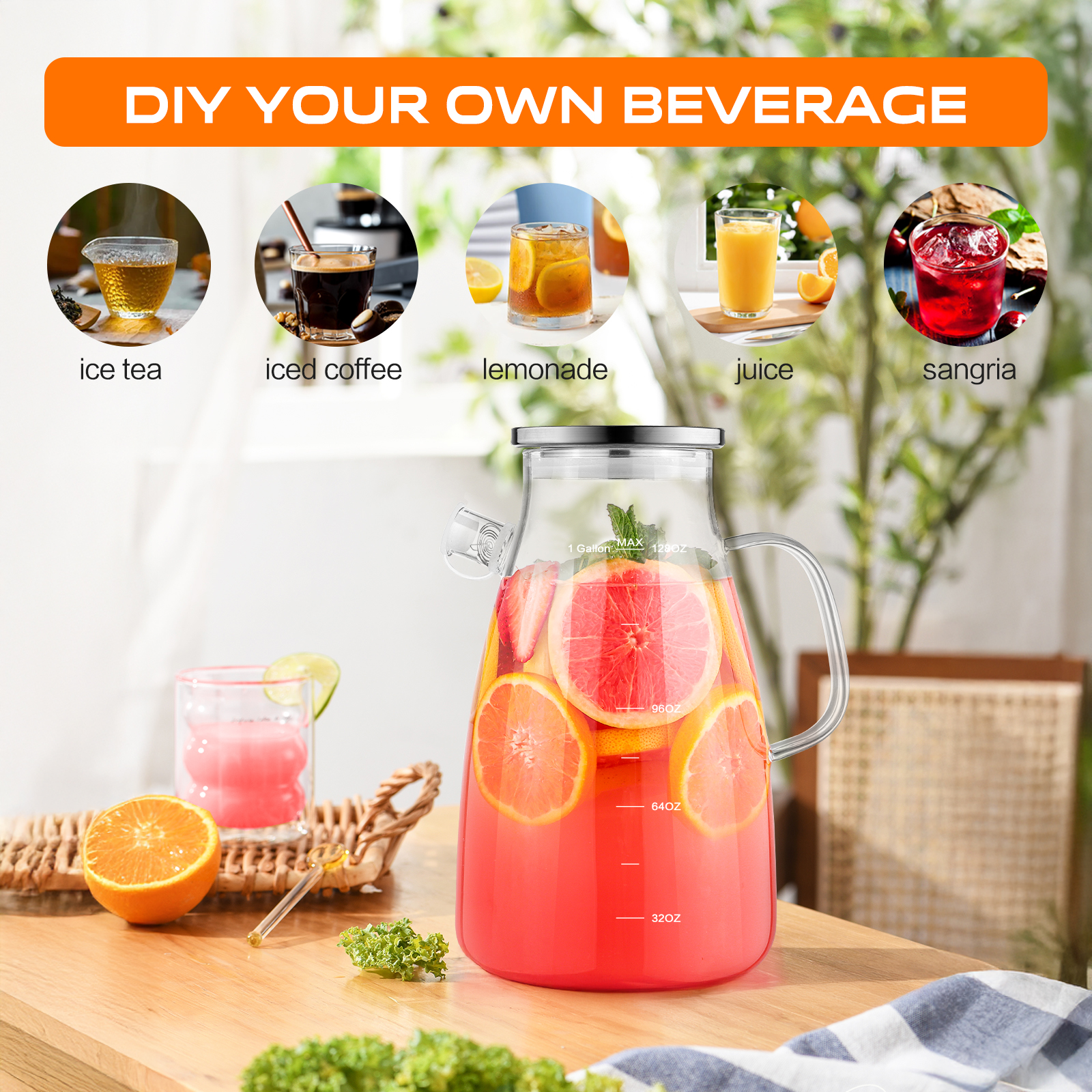 1 Gallon 128oz Glass Pitcher, Water Pitcher with Full Seal Lid and Spout, Glass Carafe for Hot/Cold Water, Large Jug for Juice and Homemade Beverage