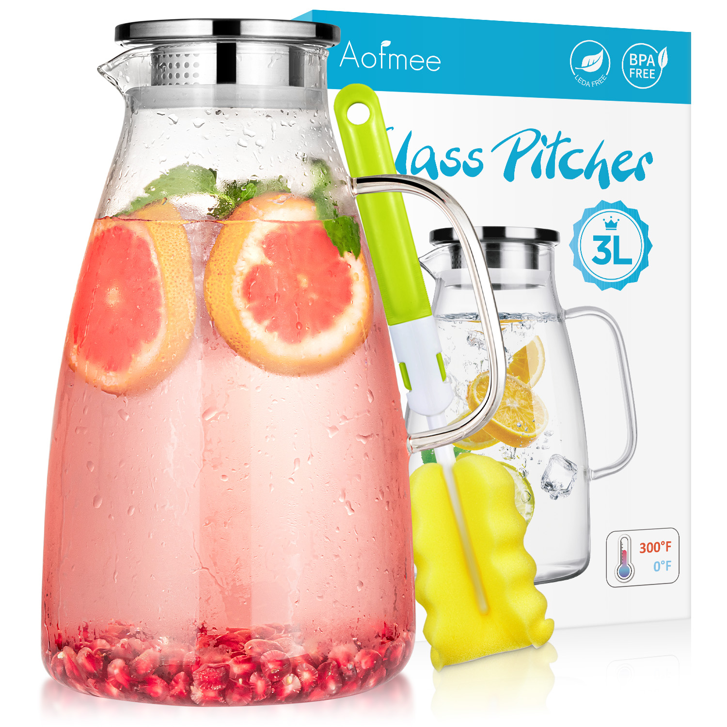 Aofmee Glass Pitcher, 100oz Glass Pitcher with Lid and Spout, Large Glass Water Pitcher for Juice, Lemonade and Hot&Cold Beverage, Heat Resistant Glass Carafe with Brush