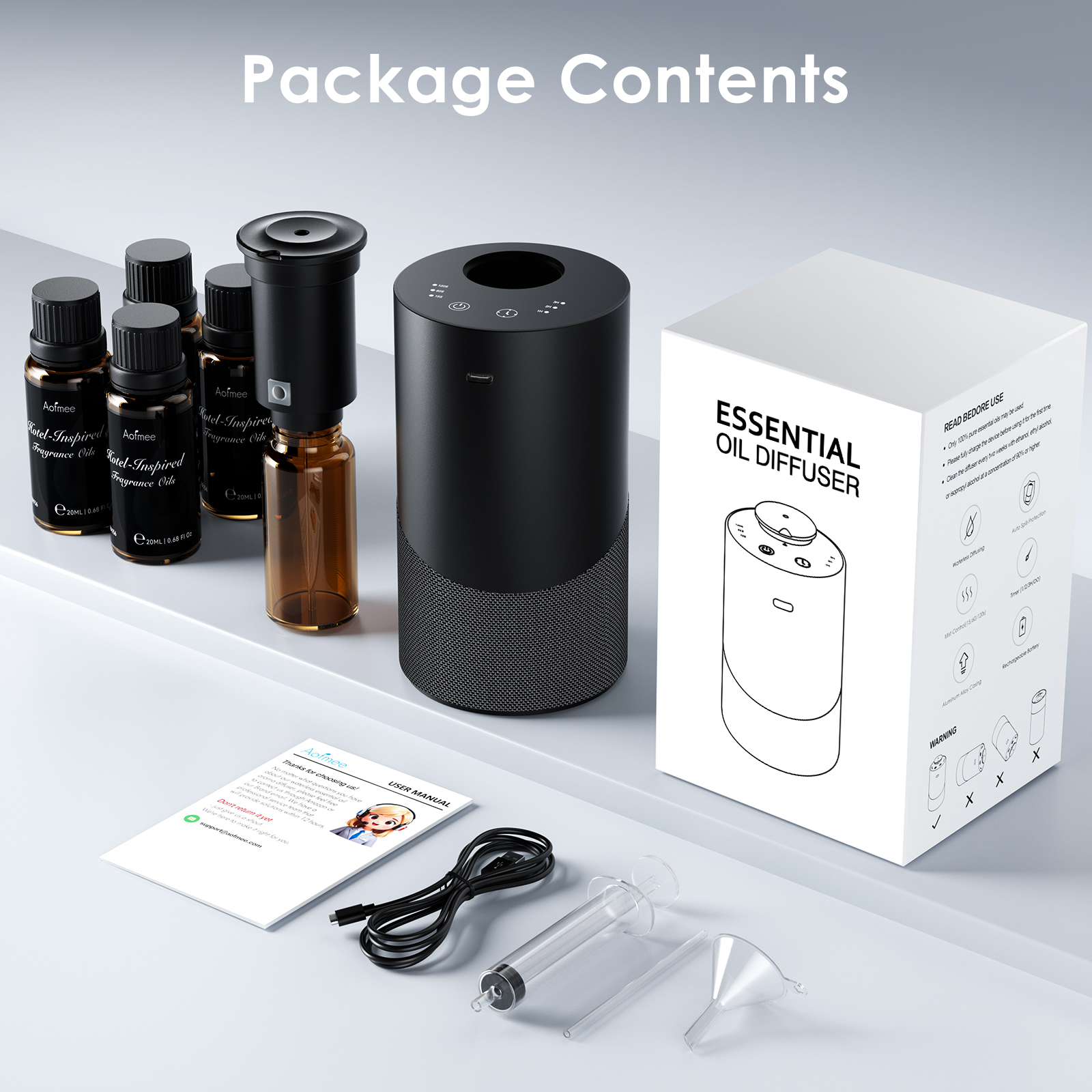 Aofmee Waterless Essential Oil Diffuser with 4x20mL Hotel Fragrance Oils 2000mAh Rechargeable Battery, 3 Timer & 3 Mist Levels, Cordless Portable for Home Car Office