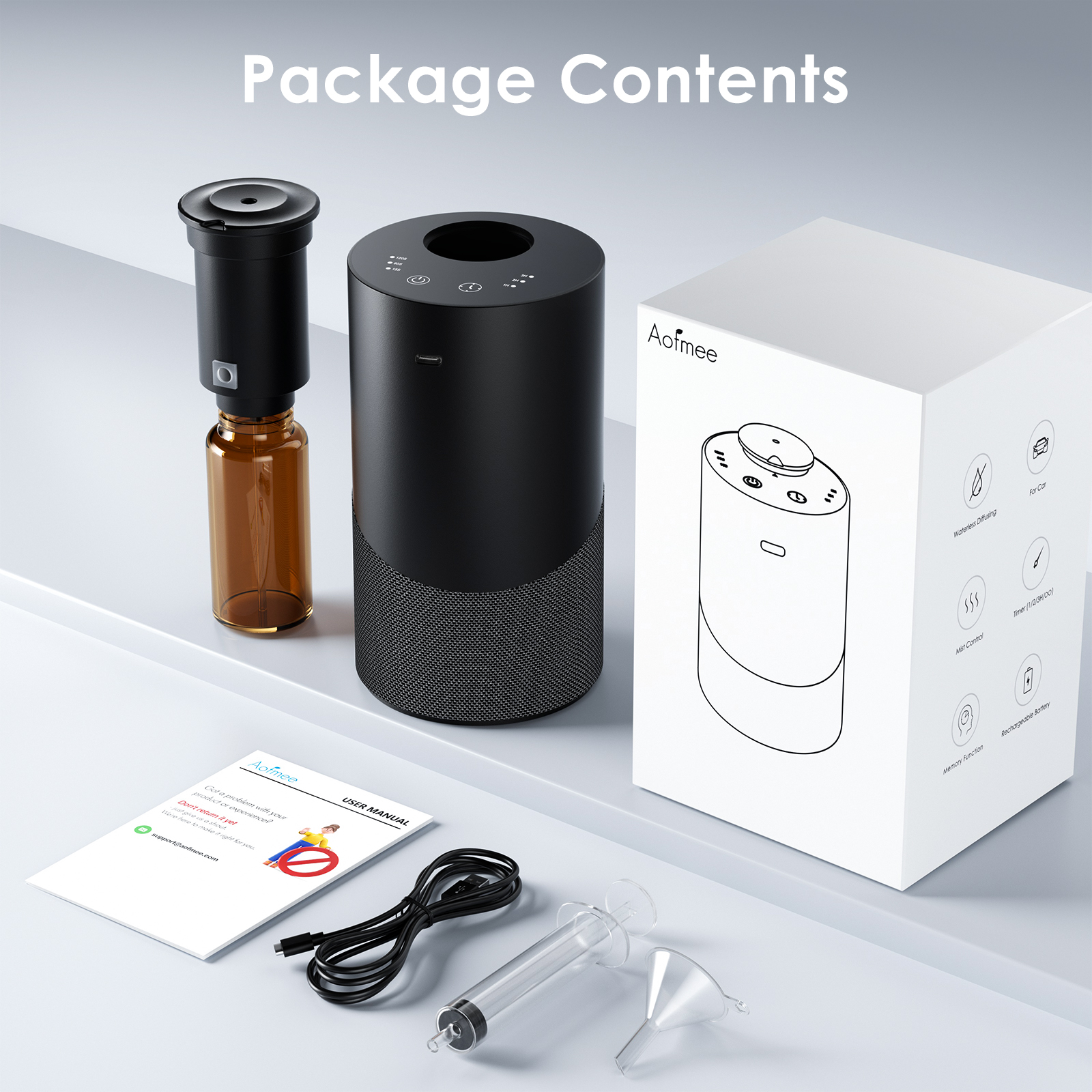 Aofmee Waterless Diffuser for Essential Oil, Car Diffsuer, 2000mAh Battery Operated Scent Air Machine, with 3 Timer & 3 Mist Levels for Home, Car, Office - Black
