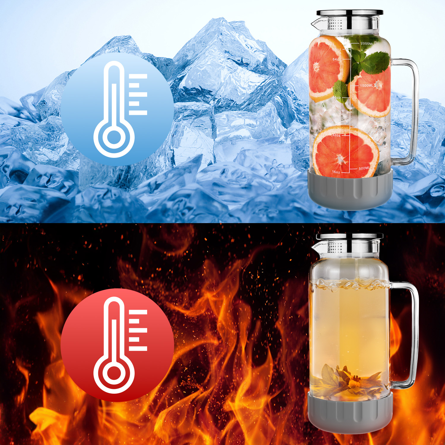 Aofmee Glass Pitchers with Lids, 68oz Glass Fridge Water Pitcher for Drinks, Glass Water Jug with coasters & Brush, Beverage Serveware & Storage Container for Lemonade, Iced Tea, Milk, Coffee