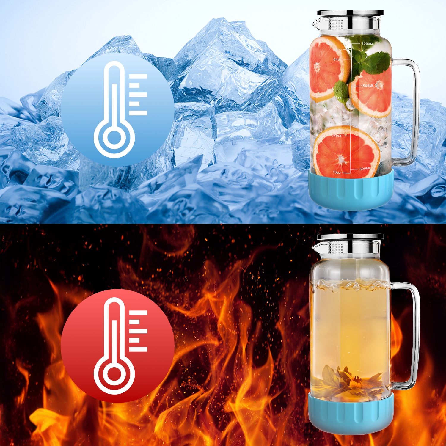 Glass Pitcher with Lid 68oz Water Pitcher with Silicone Base and Precise Scale Line Blue