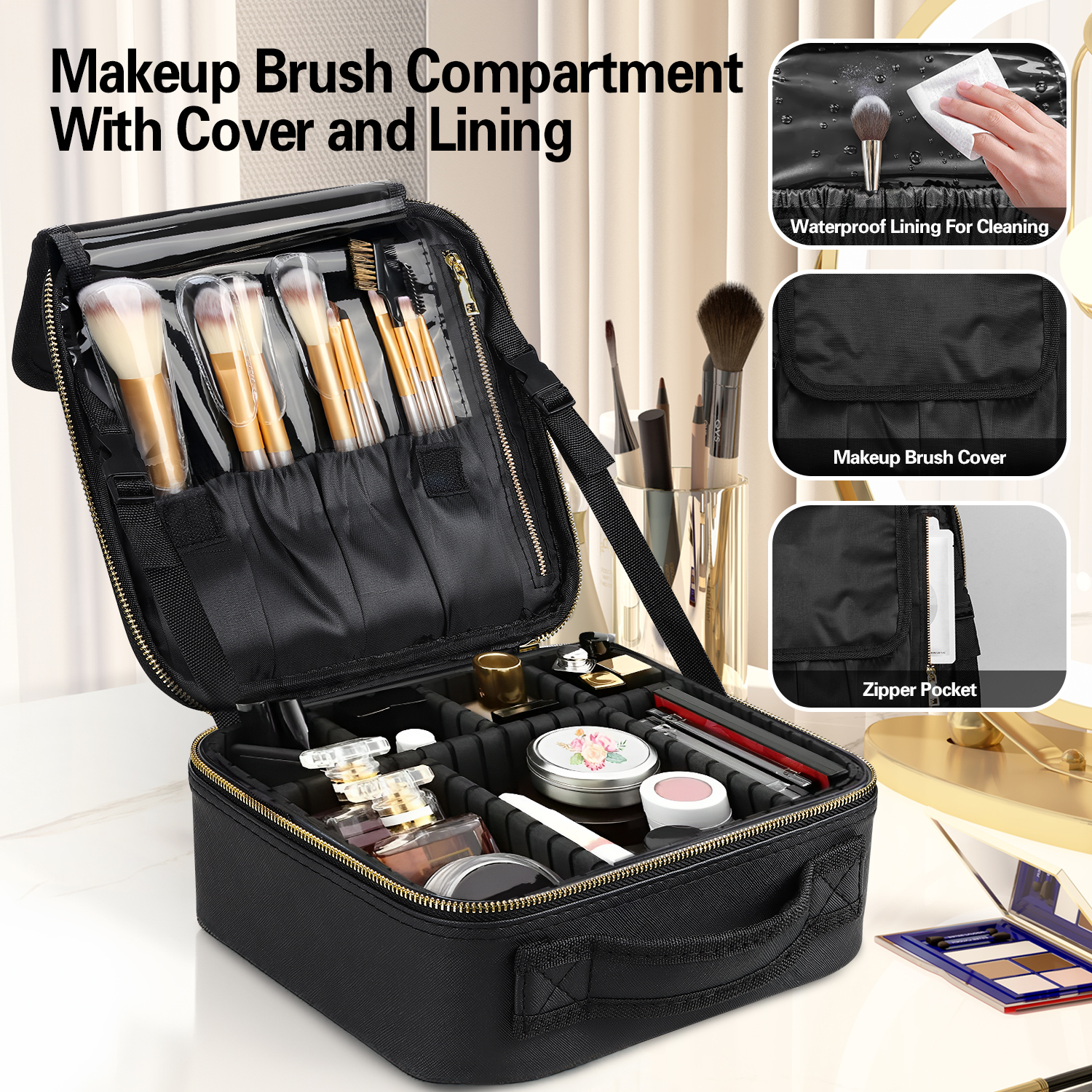 Aofmee Makeup Bag for Women, Travel Bag Organizer Cosmetic Case with Adjustable Dividers Waterproof Shockproof Handbag, Black