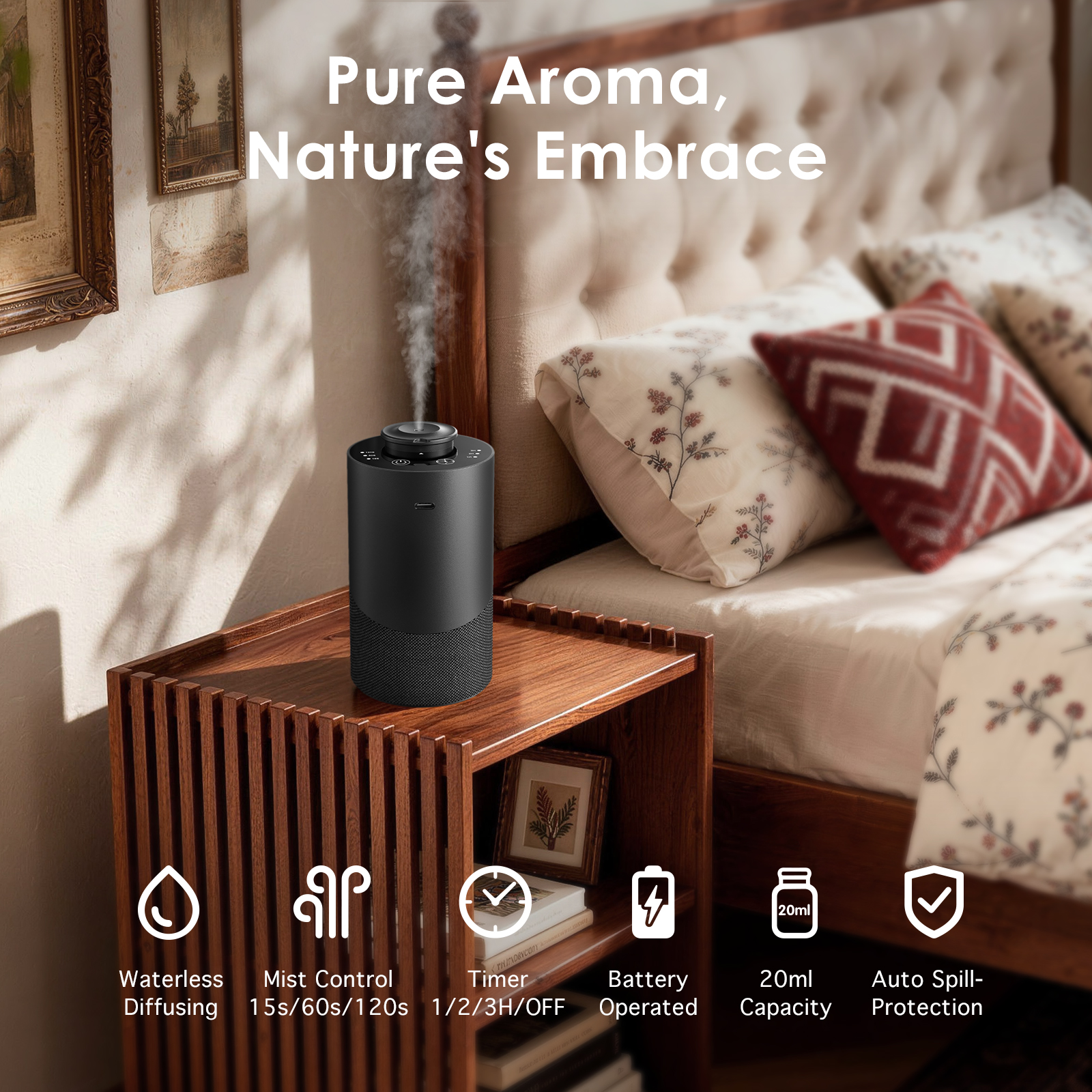Aofmee Waterless Diffuser for Essential Oil, Car Diffsuer, 2000mAh Battery Operated Scent Air Machine, with 3 Timer & 3 Mist Levels for Home, Car, Office - Black