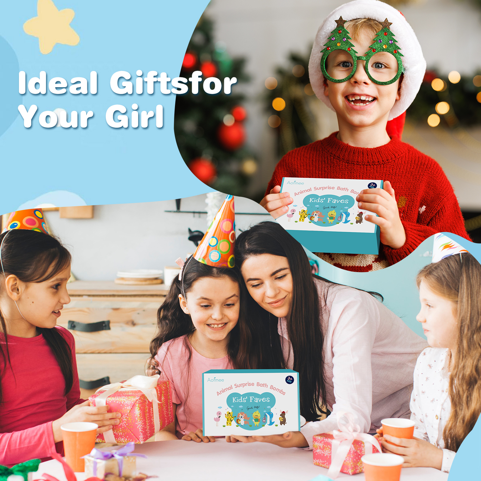 Aofmee Bath Bombs for Kids, Handmade Natural Bath Bombs with Surprise Inside, Shea Cocoa Butter Moisturize, Spa Fizzies Bath Bomb Kit, Birthday Christmas Holiday Gifts for Women, Girls, Boys