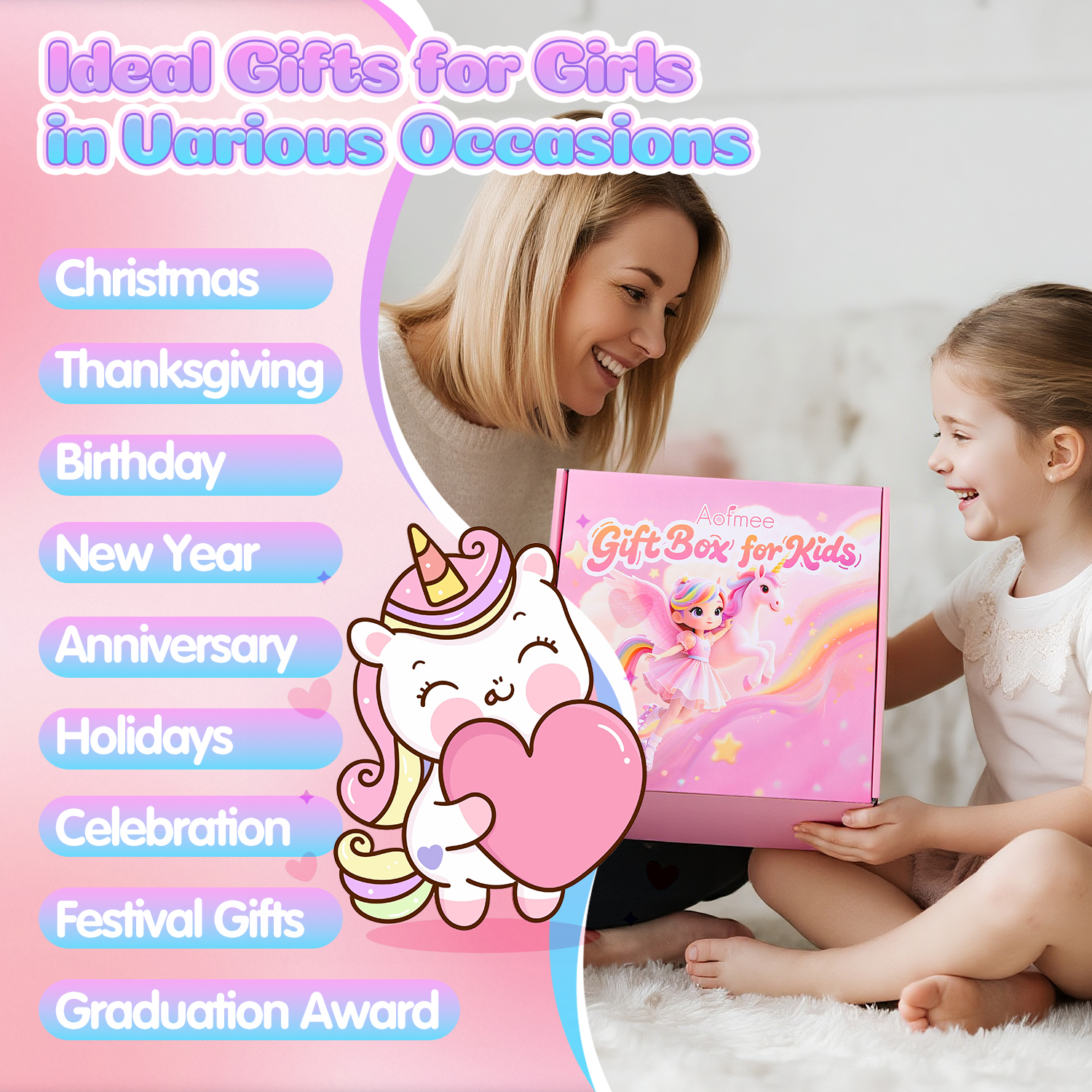 Aofmee Unicorn Gift Baskets for Girls, 12 Pcs Pink Purple Spa Bath and Body Sets with Educational Gift, Beauty Birthday Christmas for Her Daughter