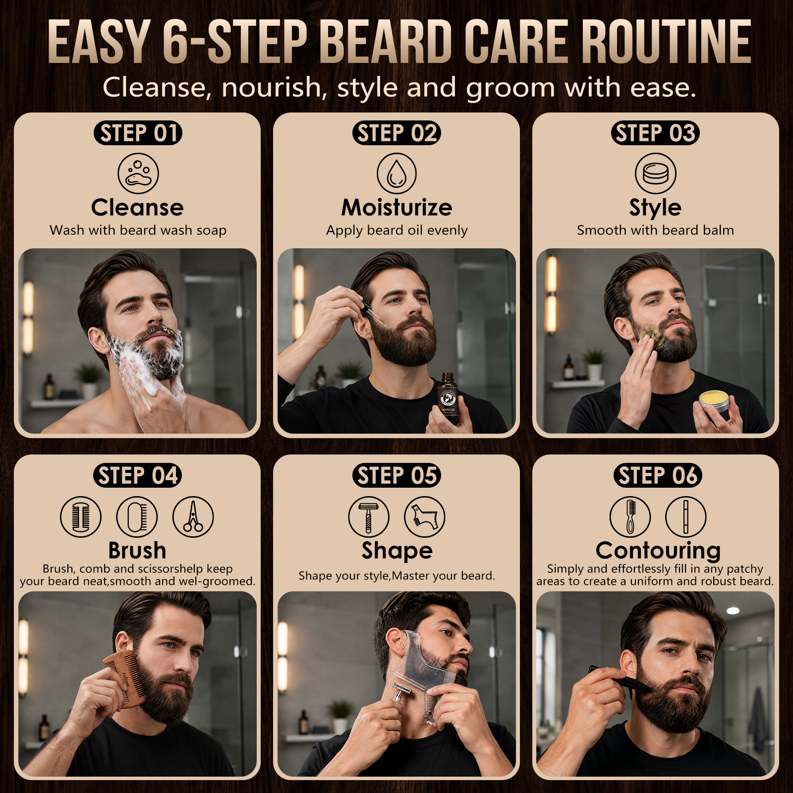 Aofmee Beard Care Gift Set for Men – 10Pack Grooming Kit with Beard Oil, Balm - Sandalwood Scent