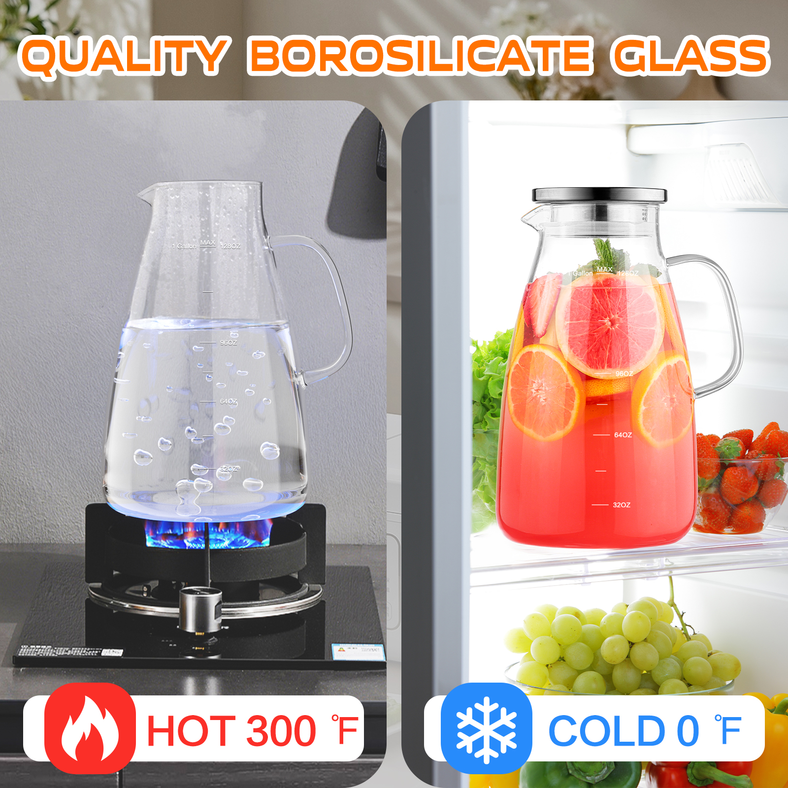 1 Gallon Glass Pitcher, 128oz Water Pitcher with Lid and Spout Extra Wide Mouth, Glass Carafe for Iced Tea Pitcher Coffee, Juice and Homemade Beverage