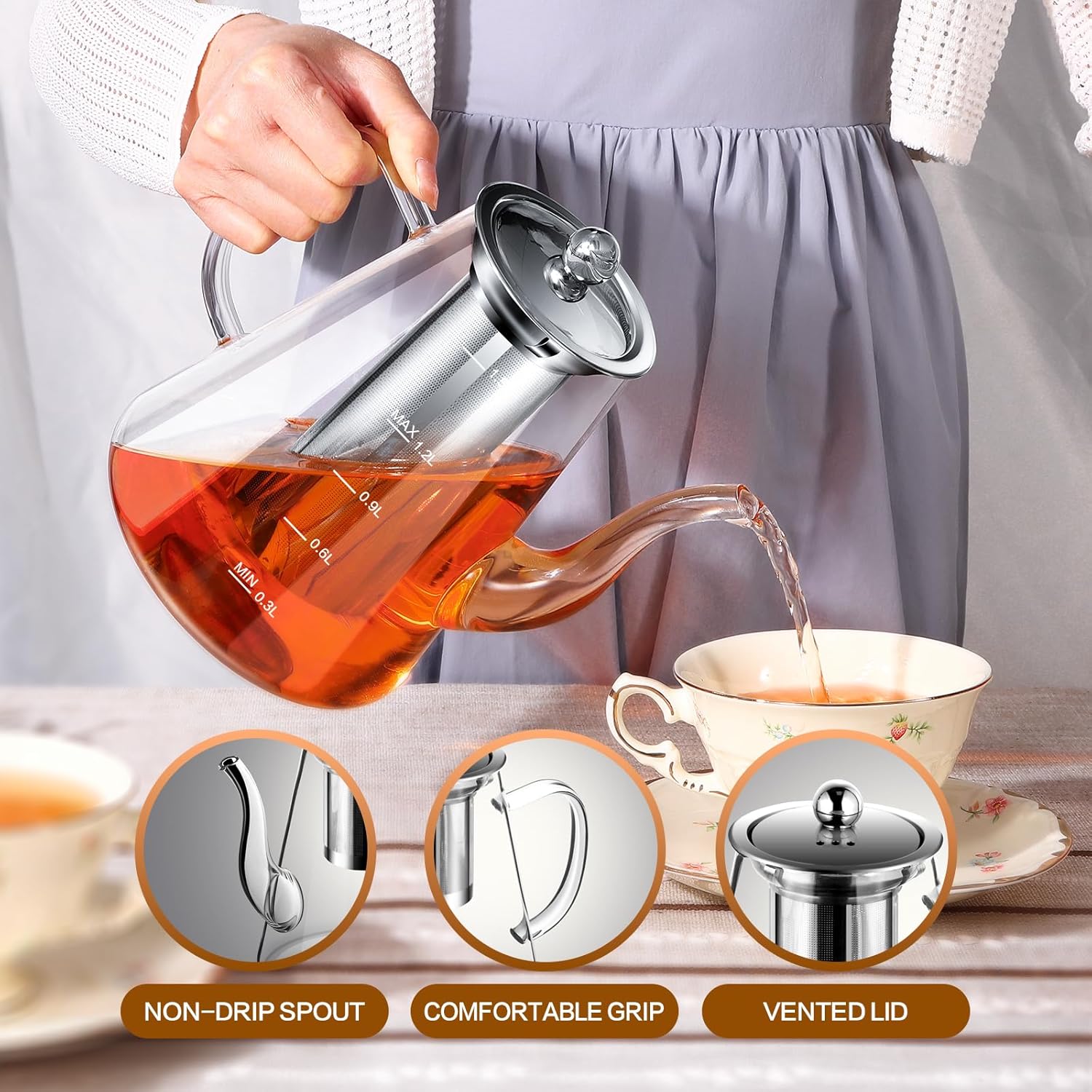 1500ml Glass Teapot, Stovetop Safe Gift Box for Tea Maker with Removable Infuser and Scale Line for Loose Tea and Blooming Tea