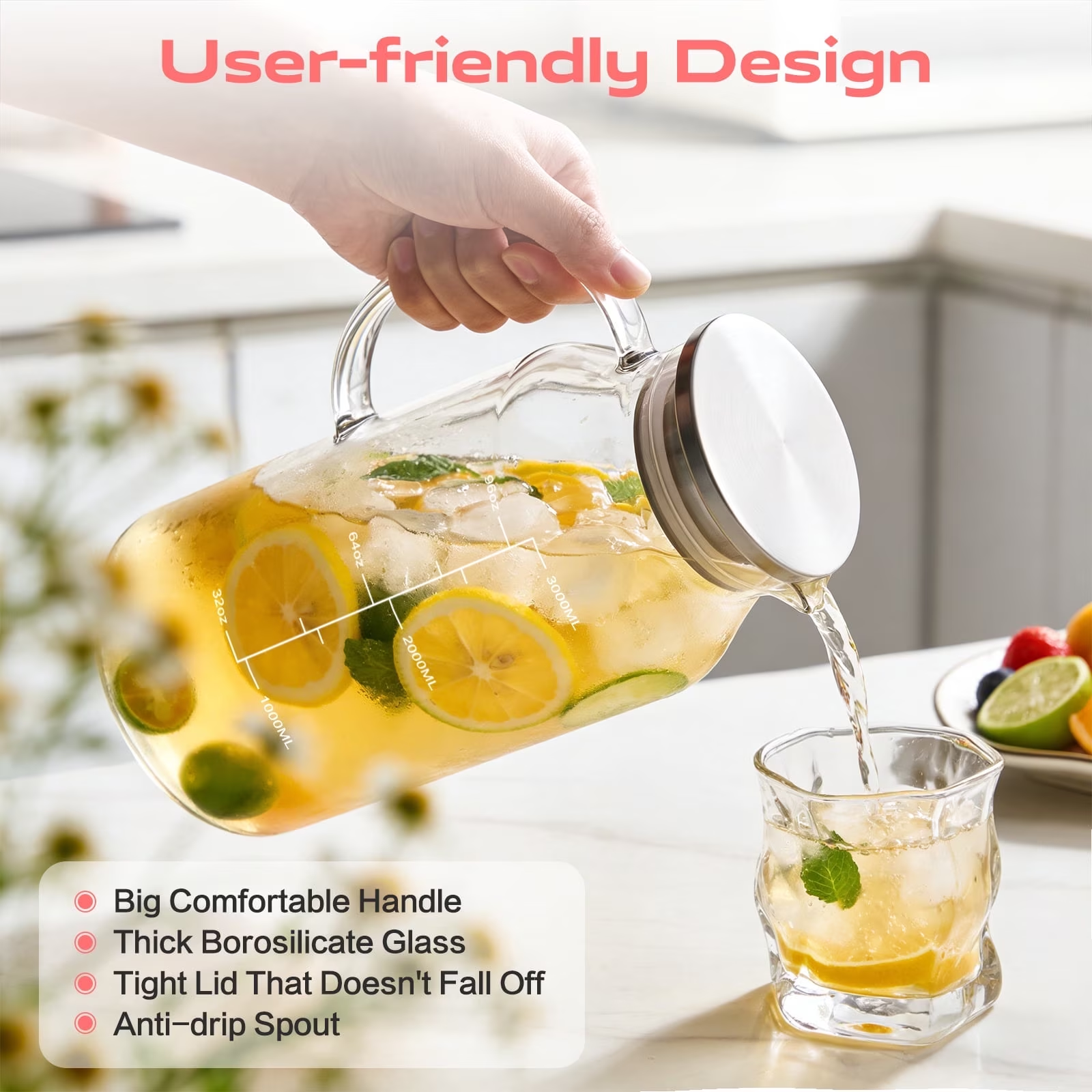 1 Gallon Glass Pitcher with Lid and Handle, 128 oz Glass Water Pitcher for Fridge, Glass Carafefor Iced Tea Pitcher Coffee, Juice and Homemade Beverage
