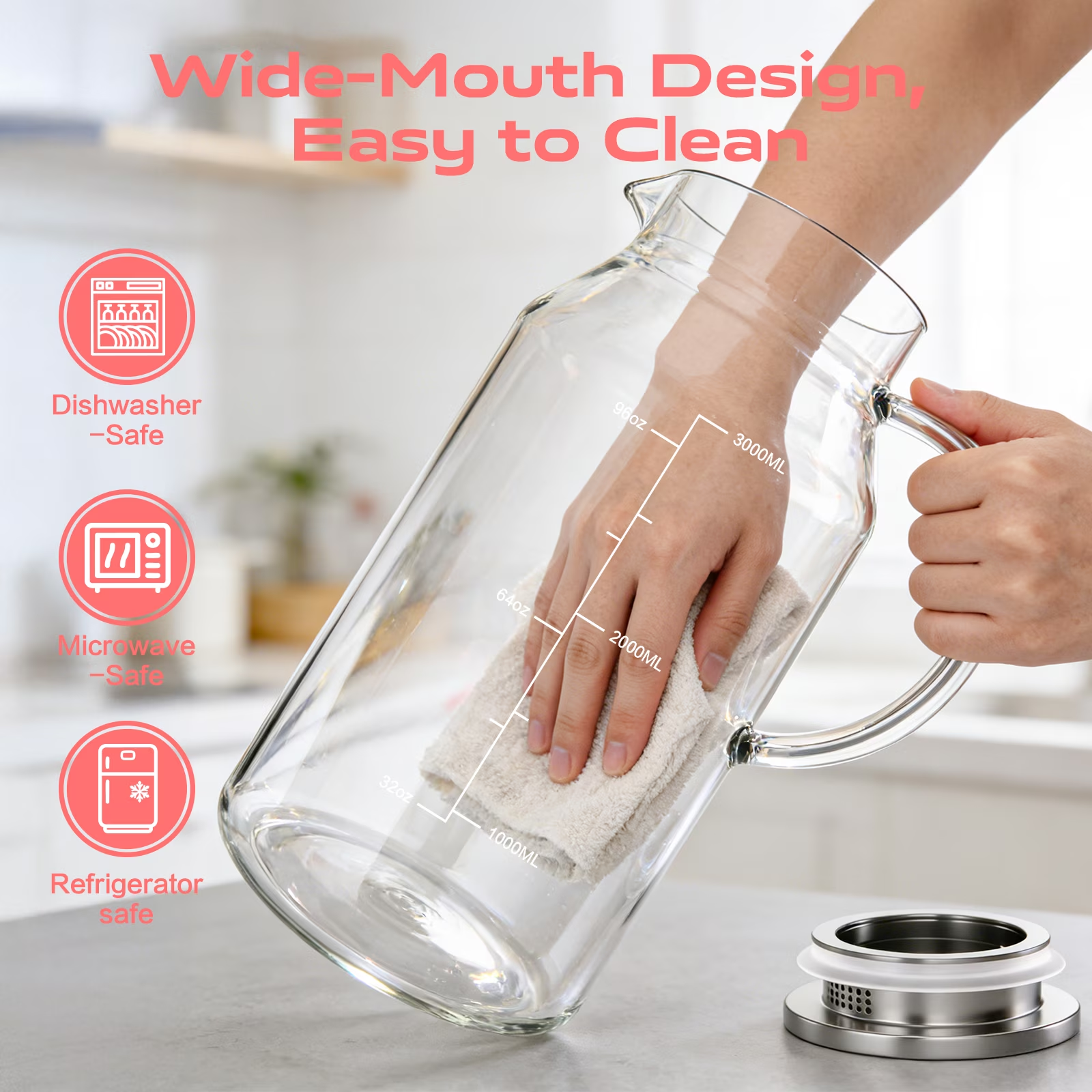 1 Gallon Glass Pitcher with Lid and Handle, 128 oz Glass Water Pitcher for Fridge, Glass Carafefor Iced Tea Pitcher Coffee, Juice and Homemade Beverage