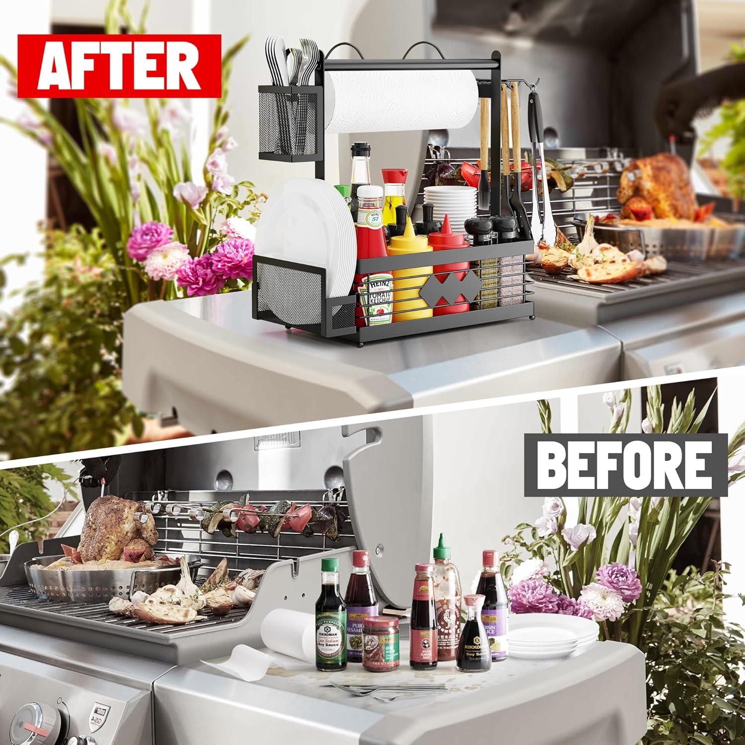 Aofmee Grill Caddy, BBQ Caddy with Camping Paper Towel Holder and Plate Holder | Family Outdoor Picnic, Camping, Easy Assembly Black