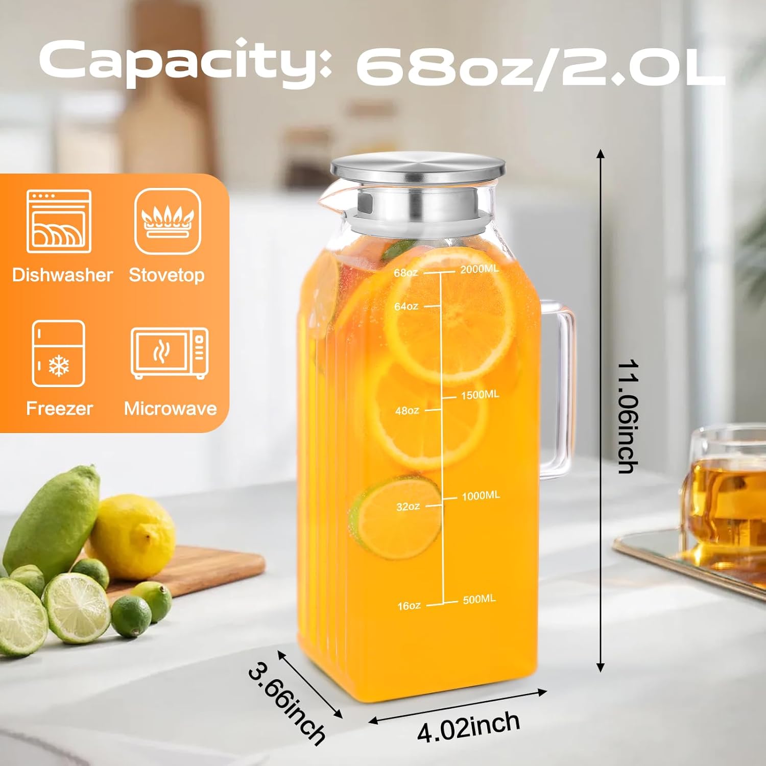 Aofmee 68oz Glass Pitcher for Bridge Door, 2 Liter Square Water Pitcher with Lid and Scale Line, Borosilicate Glass Carafe for Hot/Cold Beverage