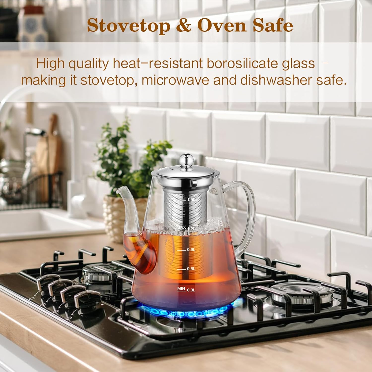 1500ml Glass Teapot, Stovetop Safe Gift Box for Tea Maker with Removable Infuser and Scale Line for Loose Tea and Blooming Tea