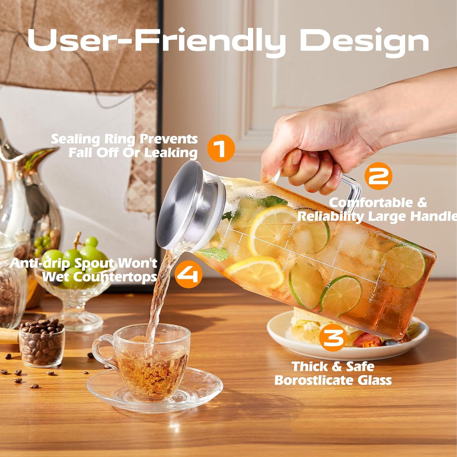 Aofmee 68oz Glass Pitcher for Bridge Door, 2 Liter Square Water Pitcher with Lid and Scale Line, Borosilicate Glass Carafe for Hot/Cold Beverage