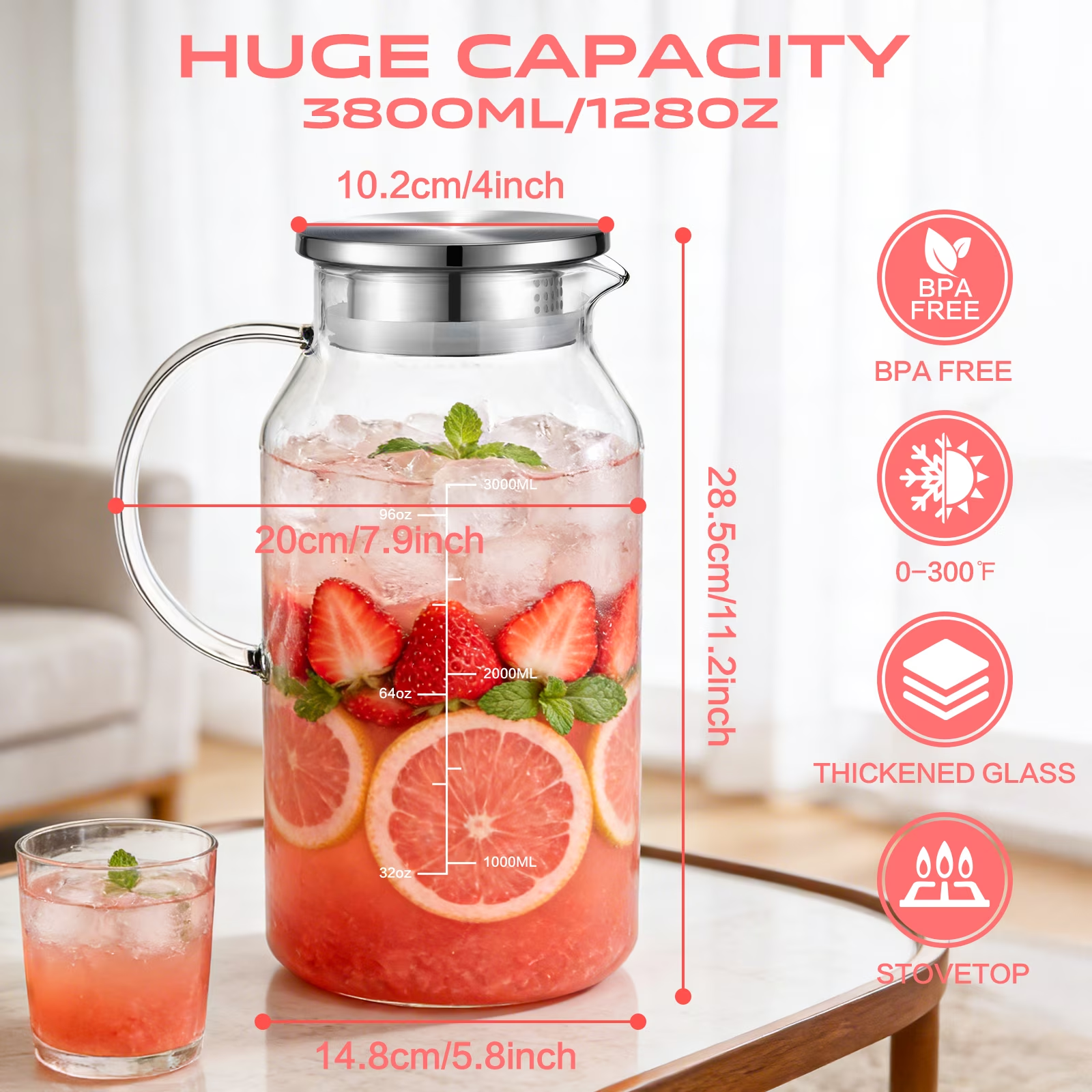 1 Gallon Glass Pitcher with Lid and Handle, 128 oz Glass Water Pitcher for Fridge, Glass Carafefor Iced Tea Pitcher Coffee, Juice and Homemade Beverage