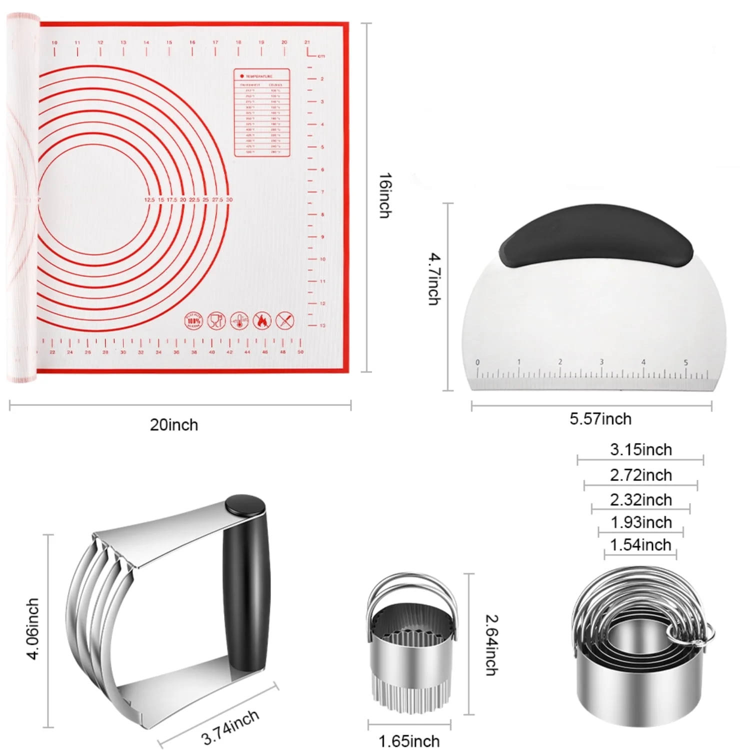 Biscuit Cutter, Pastry Cutter, Dough Scraper, Silicone Baking Mats, Stainless Steel Pastry Blender Set, Mat Dough Blender Tools (5 Pcs/Set)