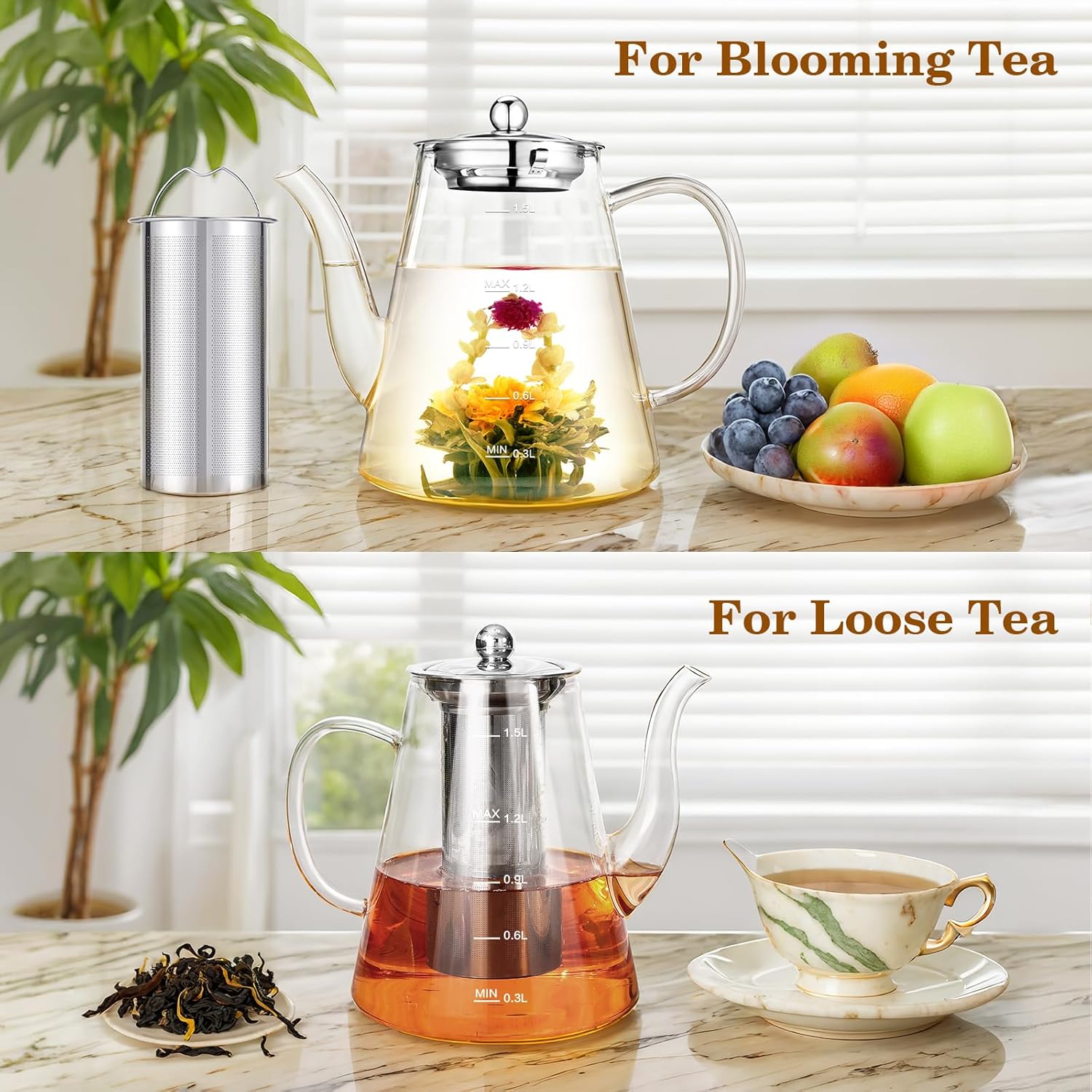 1500ml Glass Teapot, Stovetop Safe Gift Box for Tea Maker with Removable Infuser and Scale Line for Loose Tea and Blooming Tea