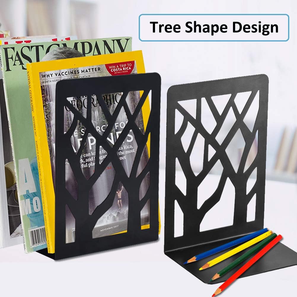 Book Ends 1 Pair, Tree Design Modern Metal Bookends for Shelves, Heavy Duty Metal Book Stopper for Home Office, Black(2 Pack)
