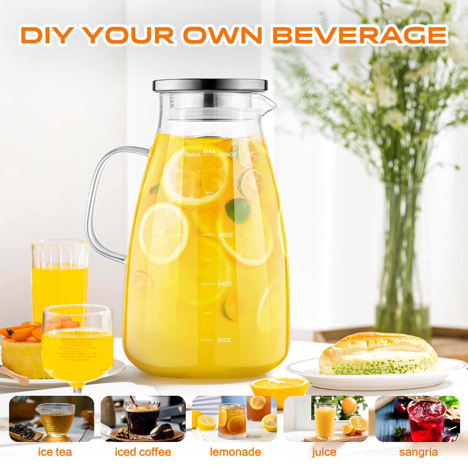 1 Gallon Glass Pitcher, 128oz Water Pitcher with Lid and Spout Extra Wide Mouth, Glass Carafe for Iced Tea Pitcher Coffee, Juice and Homemade Beverage