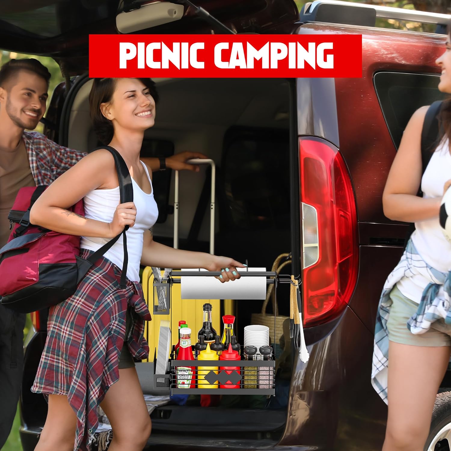 Aofmee Grill Caddy, BBQ Caddy with Camping Paper Towel Holder and Plate Holder | Family Outdoor Picnic, Camping, Easy Assembly Black