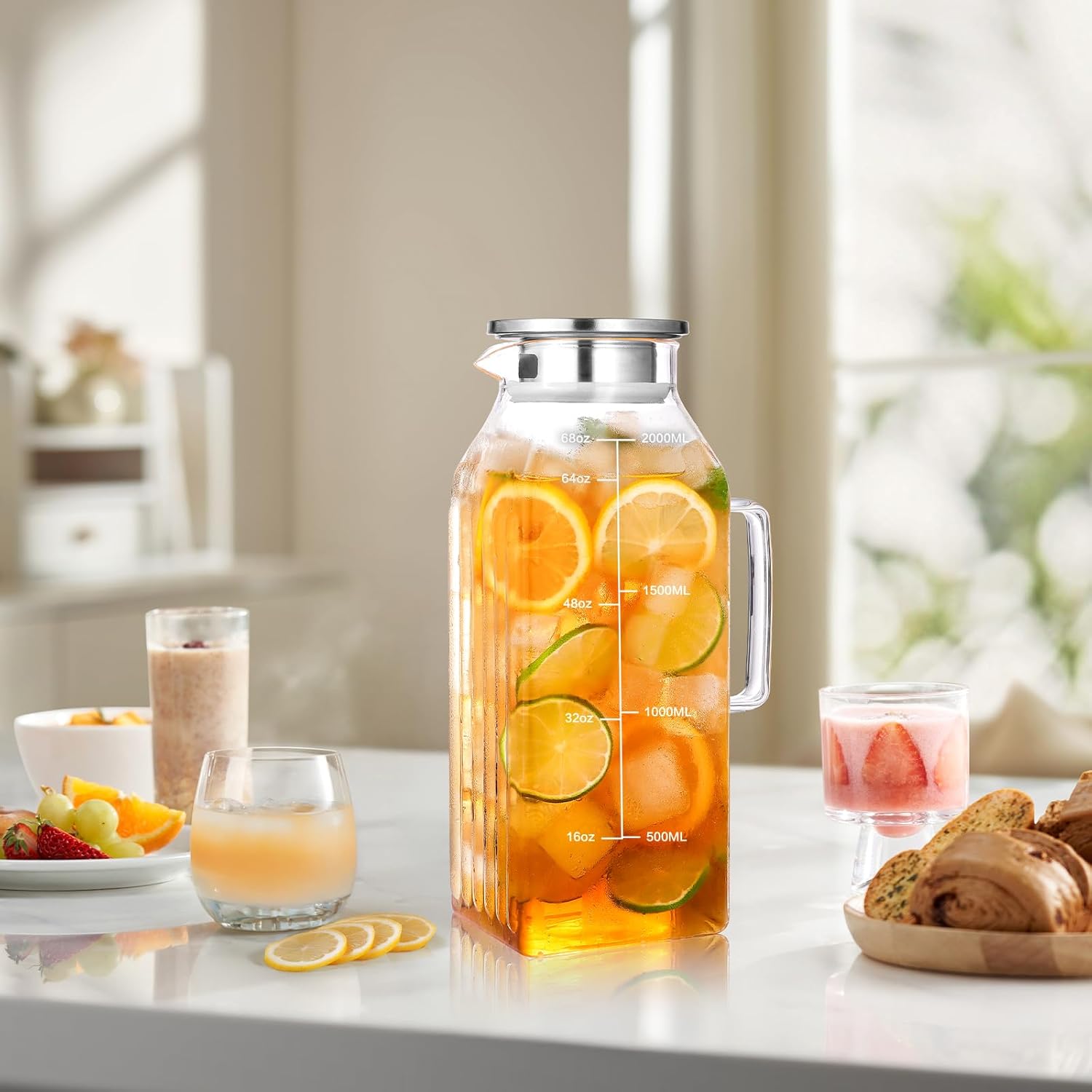 Aofmee 68oz Glass Pitcher for Bridge Door, 2 Liter Square Water Pitcher with Lid and Scale Line, Borosilicate Glass Carafe for Hot/Cold Beverage