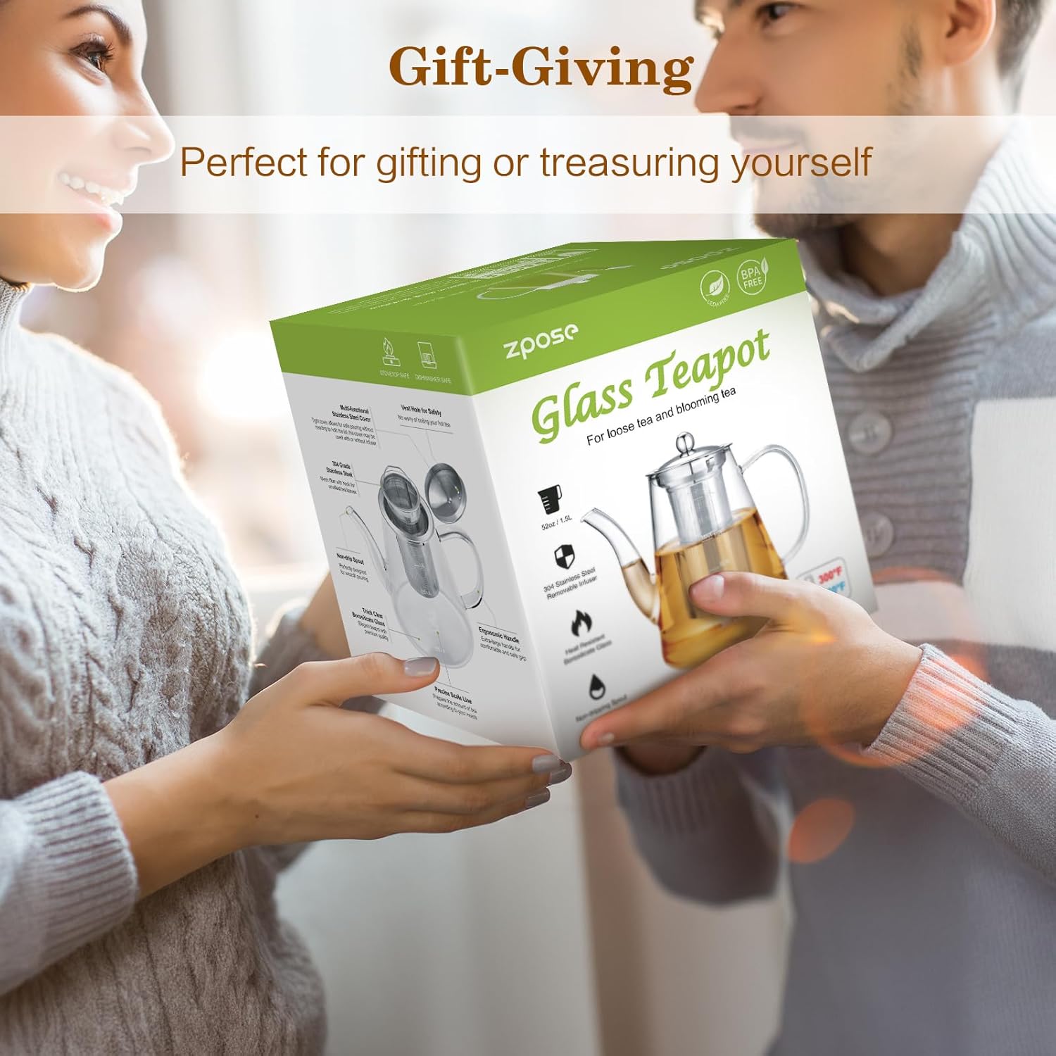 1500ml Glass Teapot, Stovetop Safe Gift Box for Tea Maker with Removable Infuser and Scale Line for Loose Tea and Blooming Tea