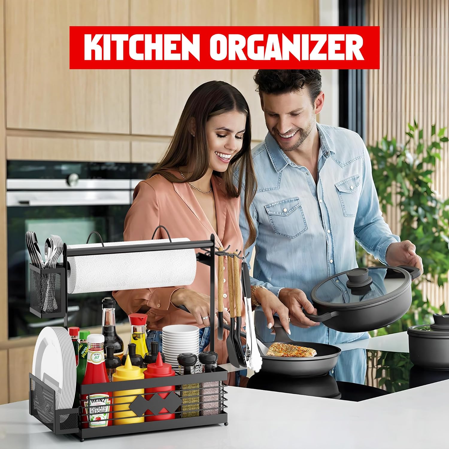 Aofmee Grill Caddy, BBQ Caddy with Camping Paper Towel Holder and Plate Holder | Family Outdoor Picnic, Camping, Easy Assembly Black