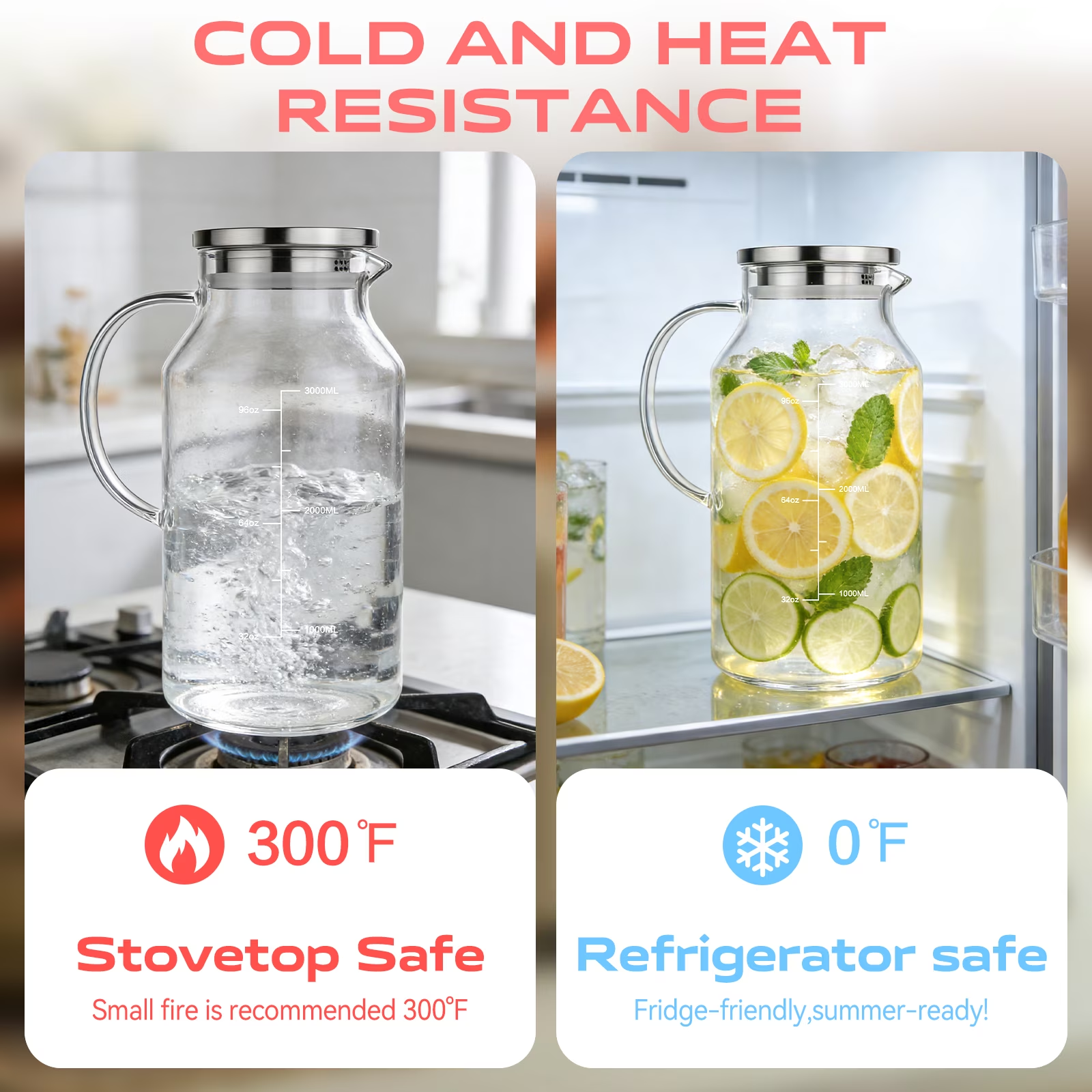 1 Gallon Glass Pitcher with Lid and Handle, 128 oz Glass Water Pitcher for Fridge, Glass Carafefor Iced Tea Pitcher Coffee, Juice and Homemade Beverage