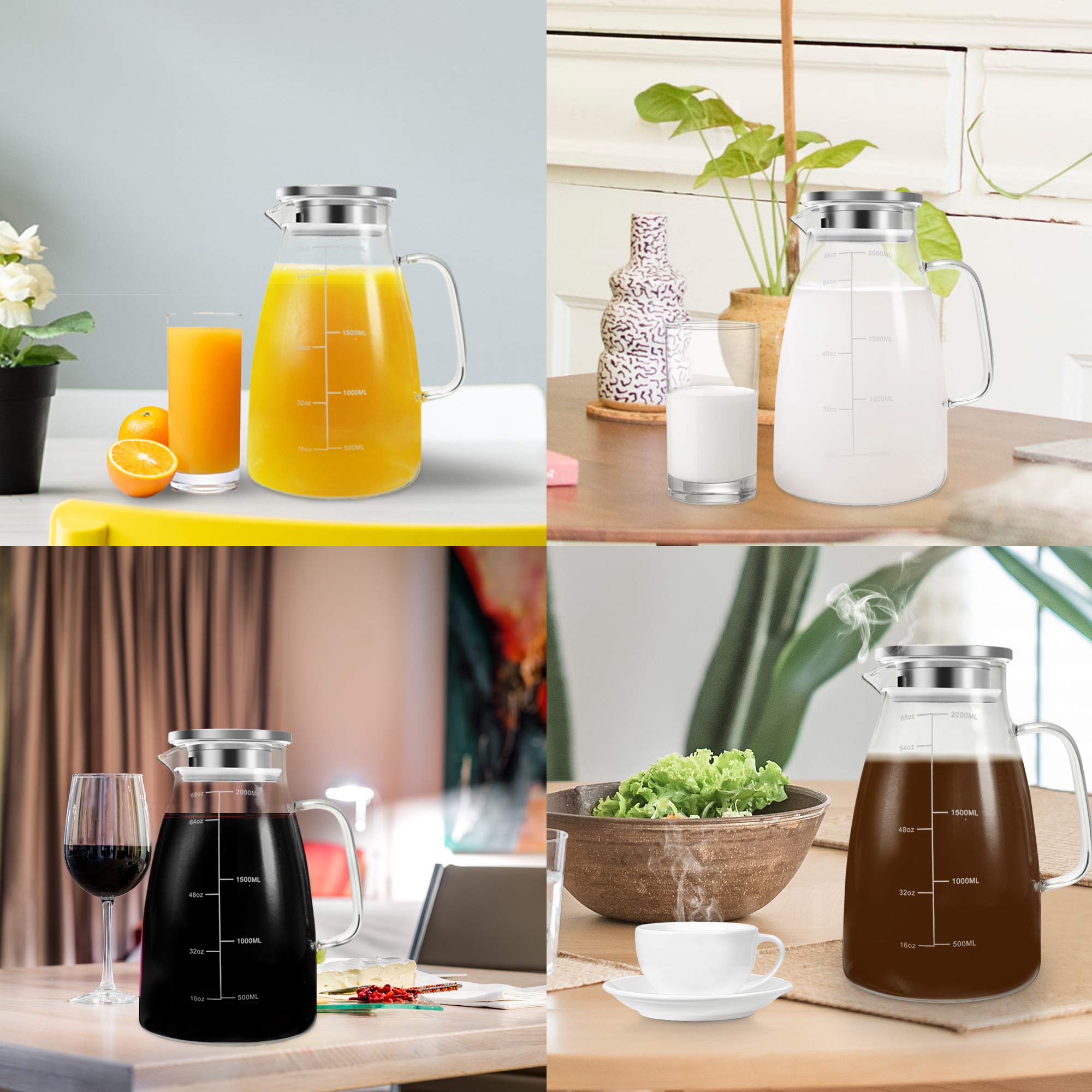 Aofmee Glass Pitcher, 68oz Water Pitcher with Lid and Precise Scale Line, 18/8 Stainless Steel Iced Tea Easy Clean Heat Resistant Borosilicate Jug for Juice, Milk, Cold or Hot Beverages