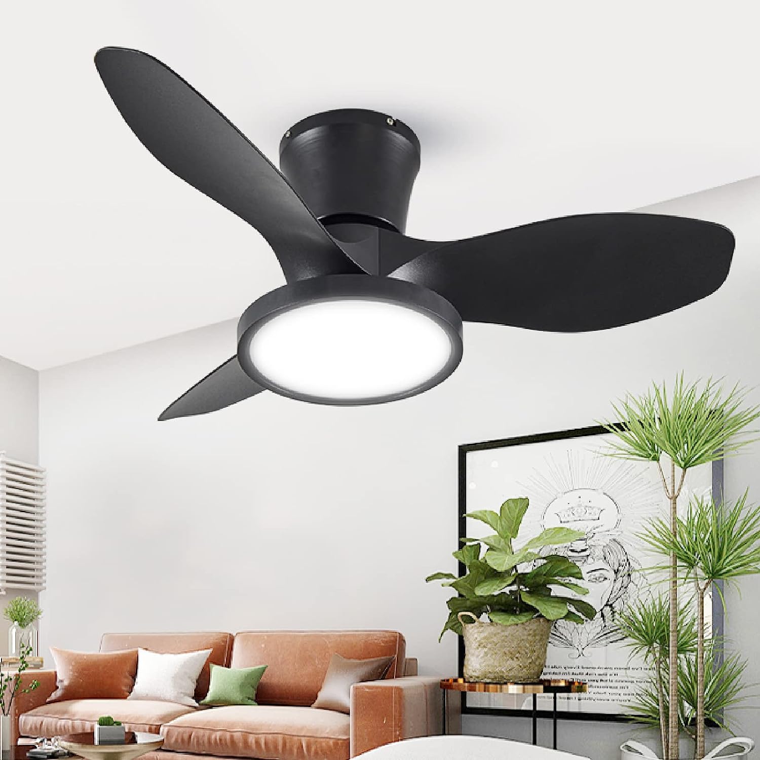  Quiet Ceiling Fan with LED Light DC Motor 32 inch Large Air Volume Remote Control Black