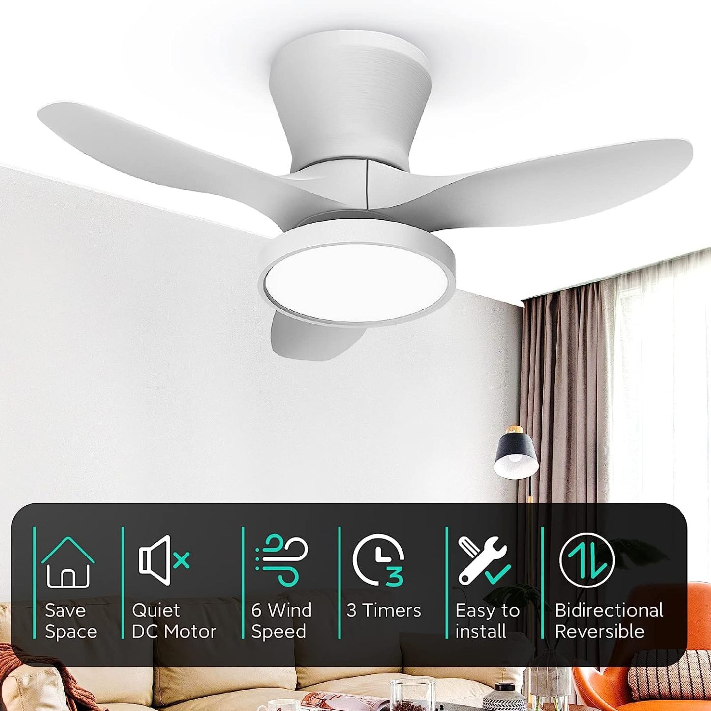 Quiet Ceiling Fan with LED Light DC Motor 32 inch Large Air Volume Remote Control White