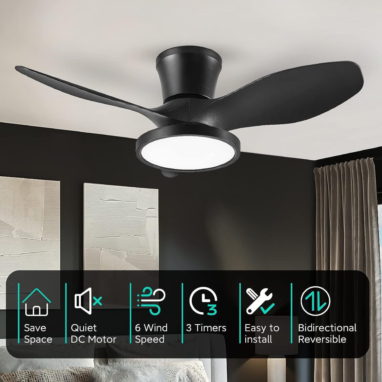  Quiet Ceiling Fan with LED Light DC Motor 32 inch Large Air Volume Remote Control Black